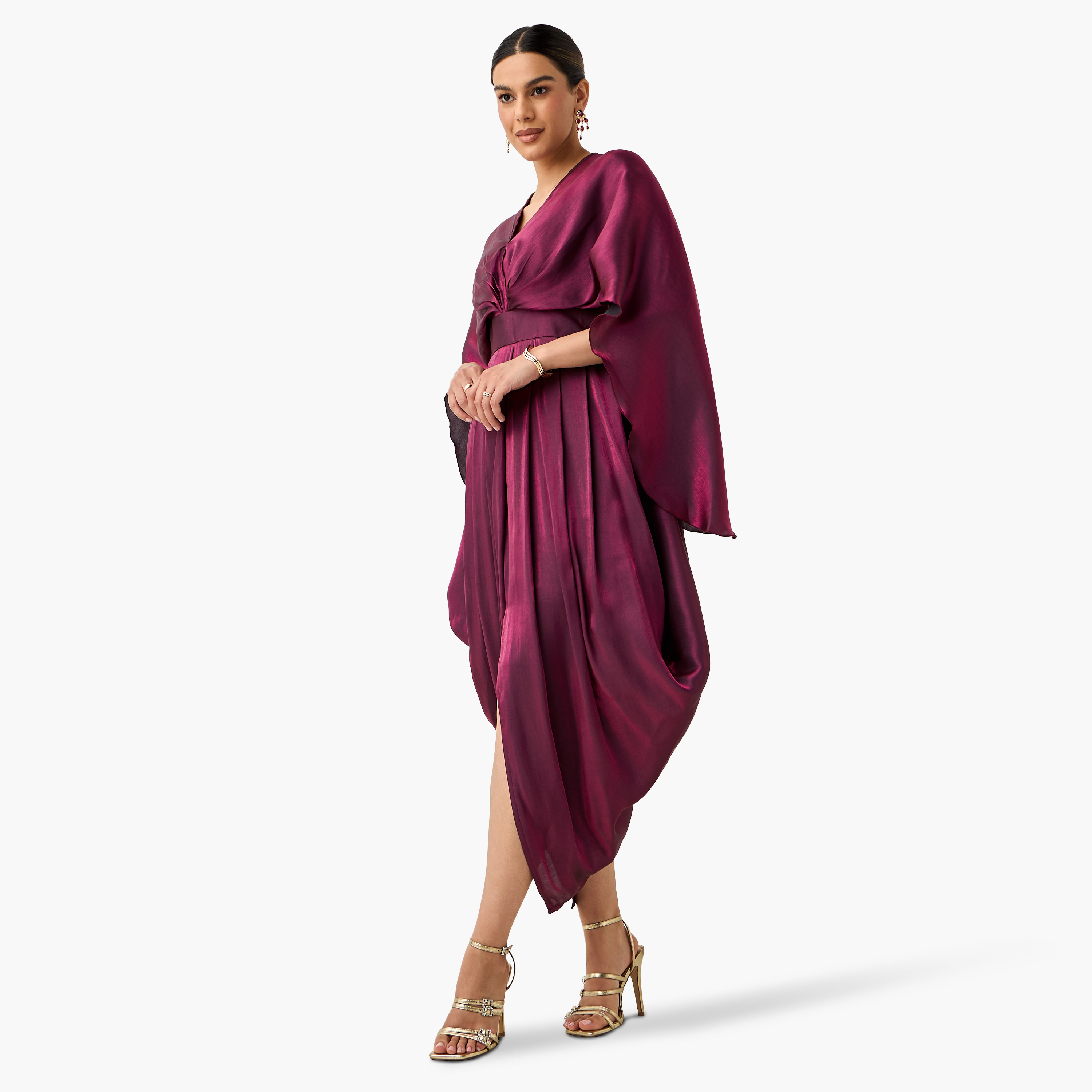 Golden Apple Solid Draped Dress with V-neck and Extended Sleeves-women-clothing-dresses-image-2