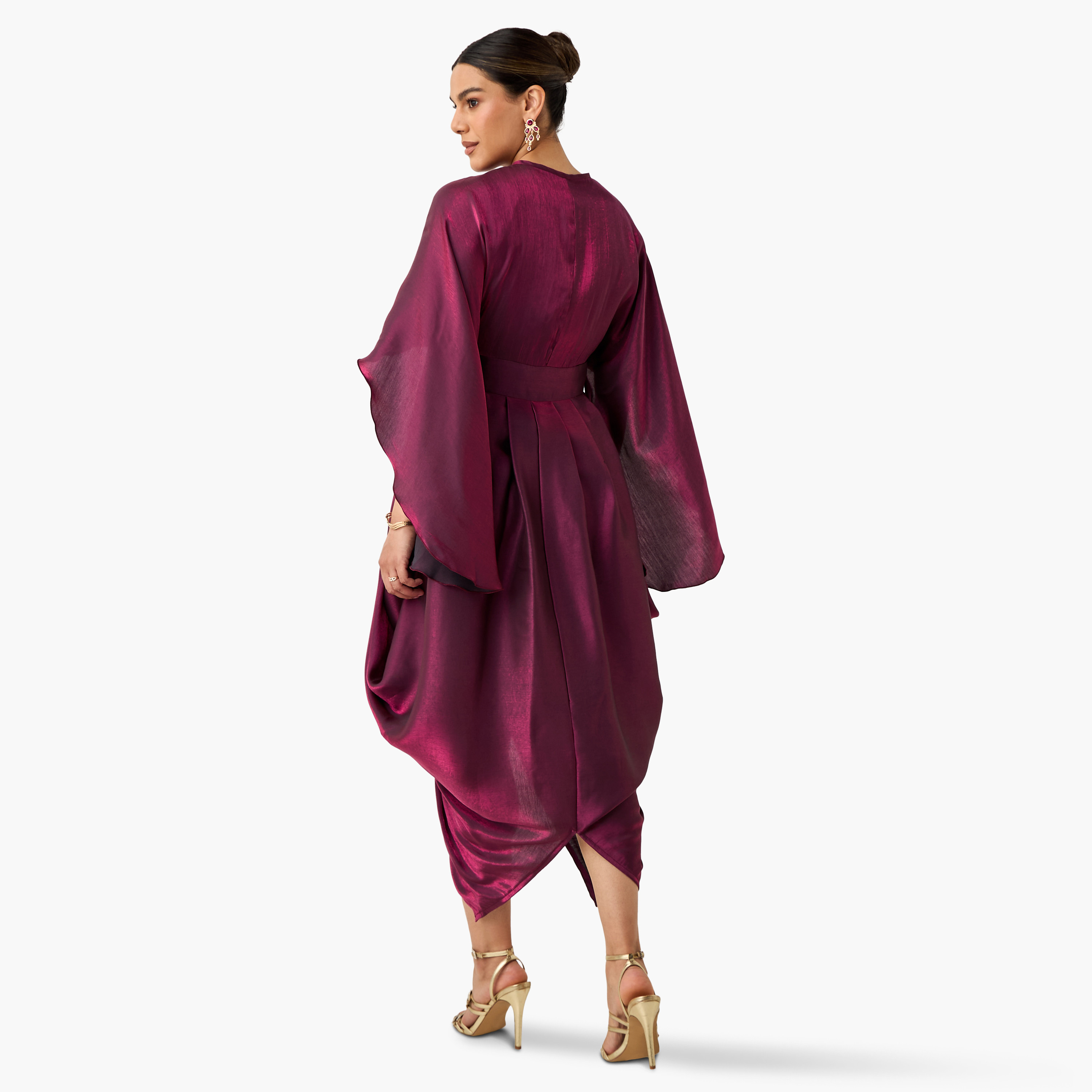 Golden Apple Solid Draped Dress with V-neck and Extended Sleeves-women-clothing-dresses-image-3