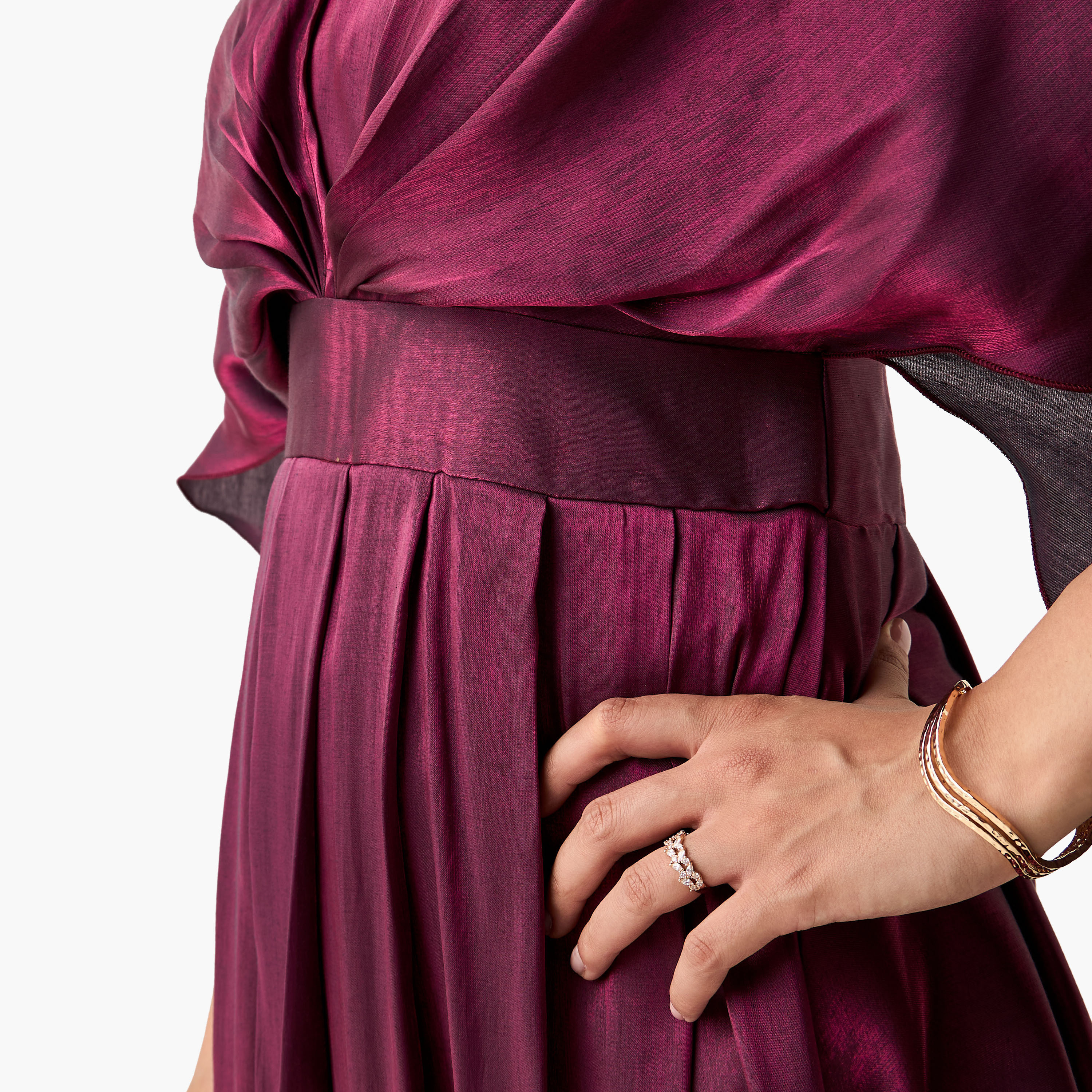فستان سادة بتصميم درابيه مع ياقة V وأكمام ممتدة من جولدن أبل-women-clothing-dresses-image-4
