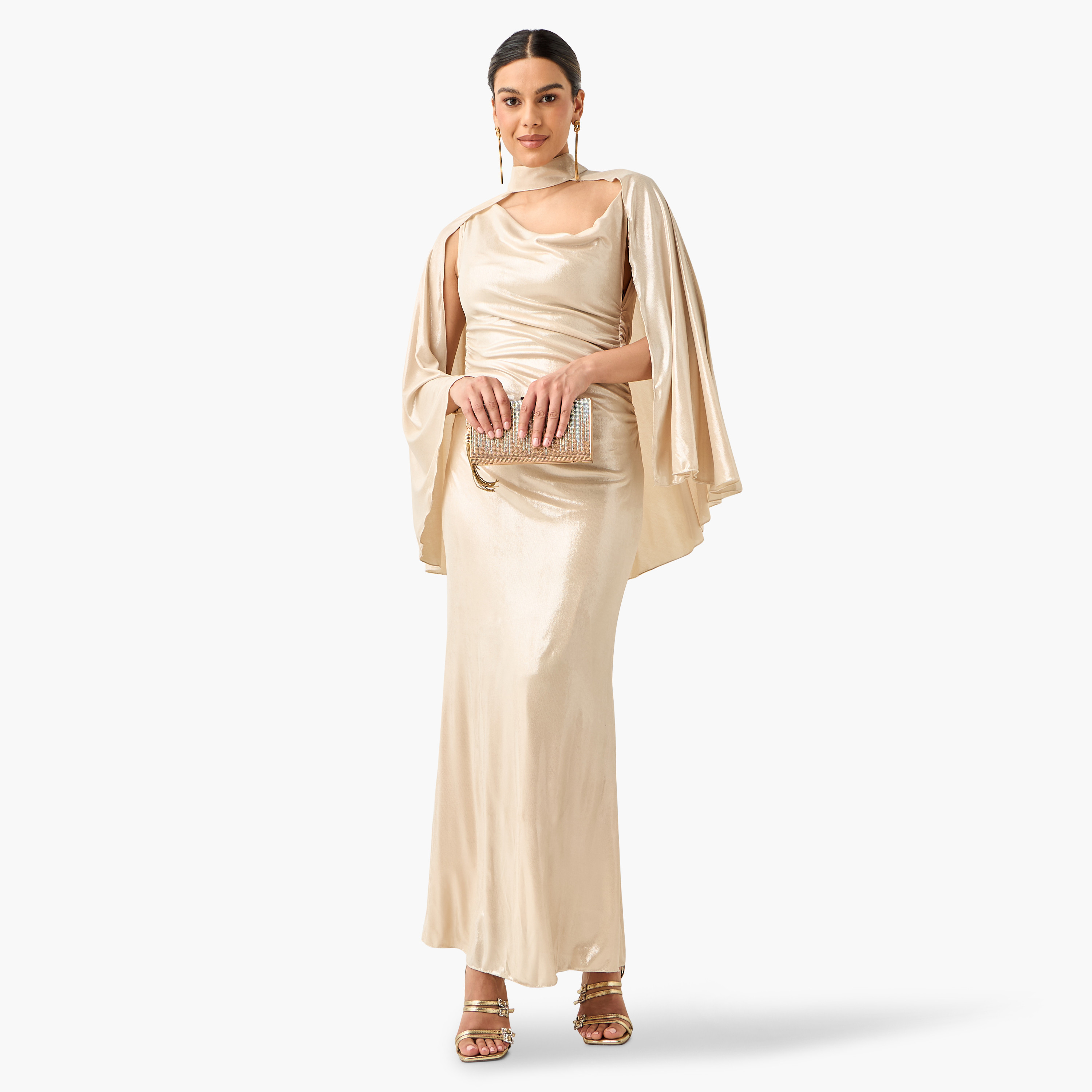 Golden Apple Solid Sleeveless Dress with Cowl Neck and Cape-women-clothing-dresses-image-6