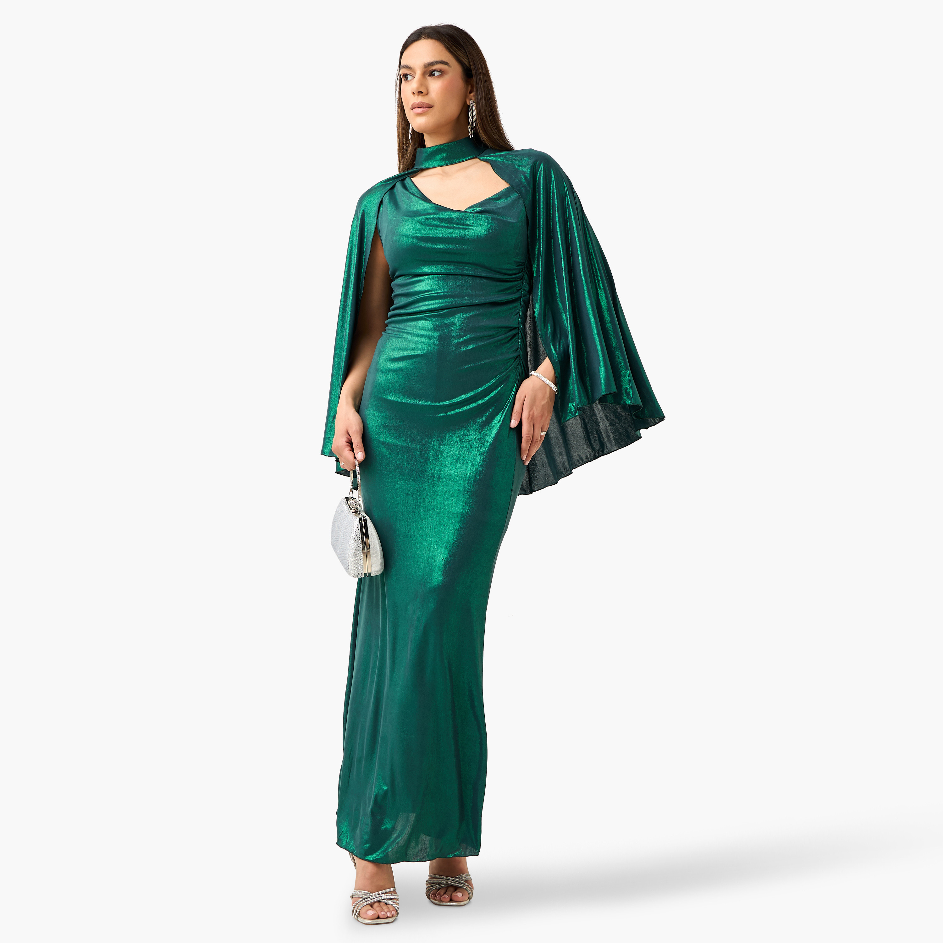 Golden Apple Solid Sleeveless Dress with Cowl Neck and Cape-women-clothing-dresses-image-1