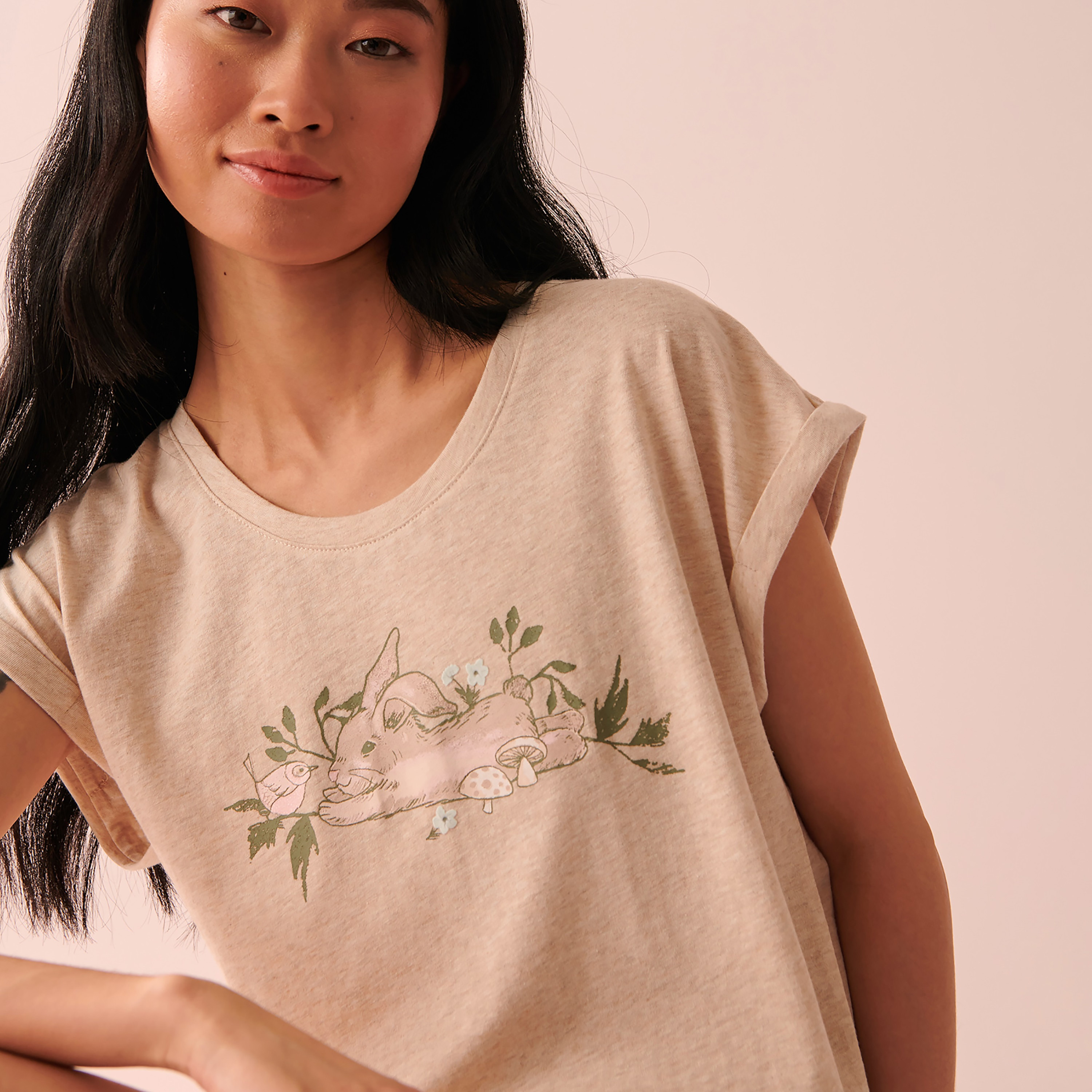 قميص نوم من لا في إن روز بياقة دائرية وأكمام قصيرة مع مربعات-women-clothing-nightwear-nighties-image-2