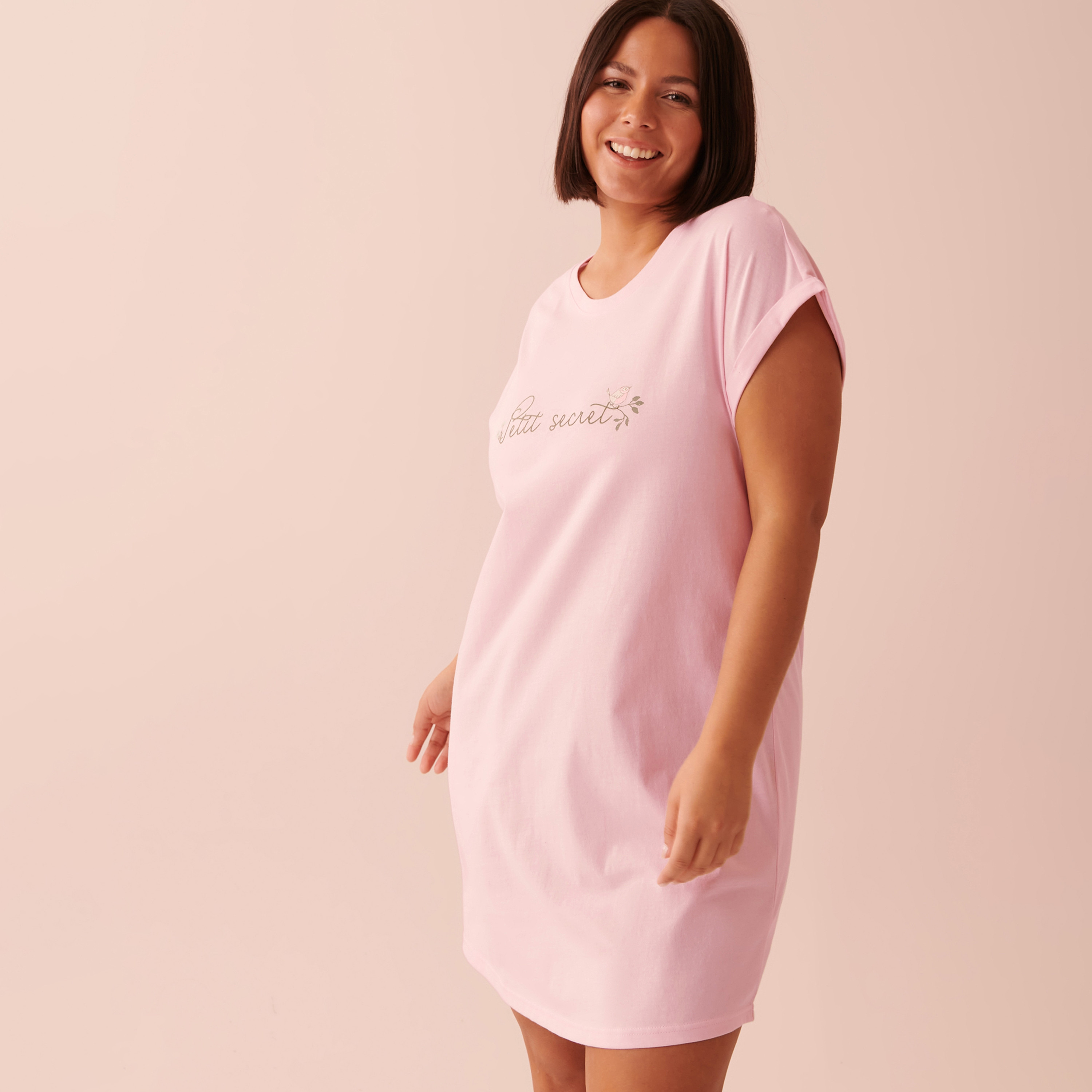 قميص نوم من لا في إن روز بياقة دائرية وأكمام قصيرة مع مربعات-women-clothing-nightwear-nighties-image-8