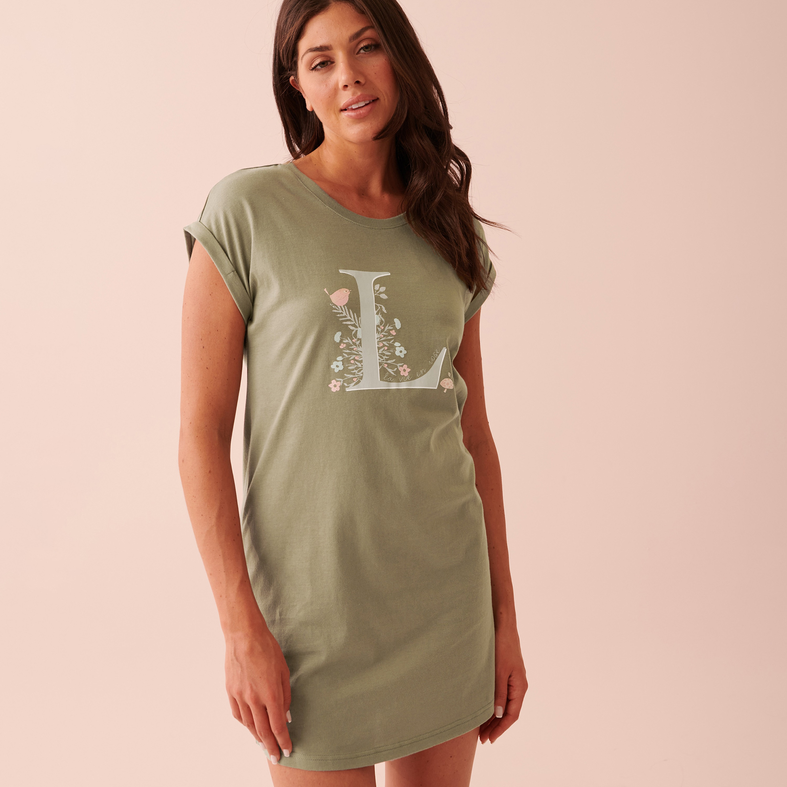 قميص نوم من لا في إن روز بياقة دائرية وأكمام قصيرة مع مربعات-women-clothing-nightwear-nighties-image-4