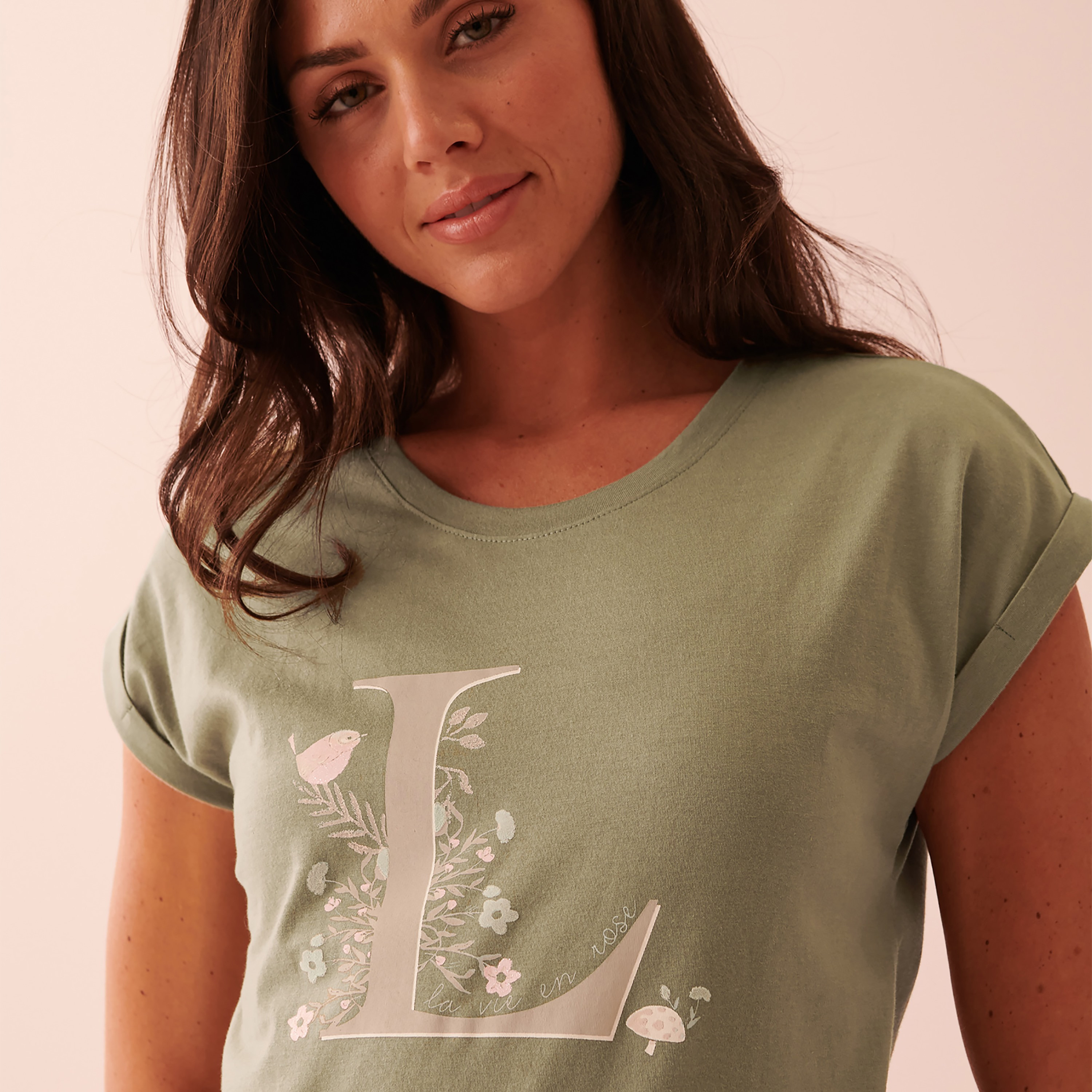 قميص نوم من لا في إن روز بياقة دائرية وأكمام قصيرة مع مربعات-women-clothing-nightwear-nighties-image-5