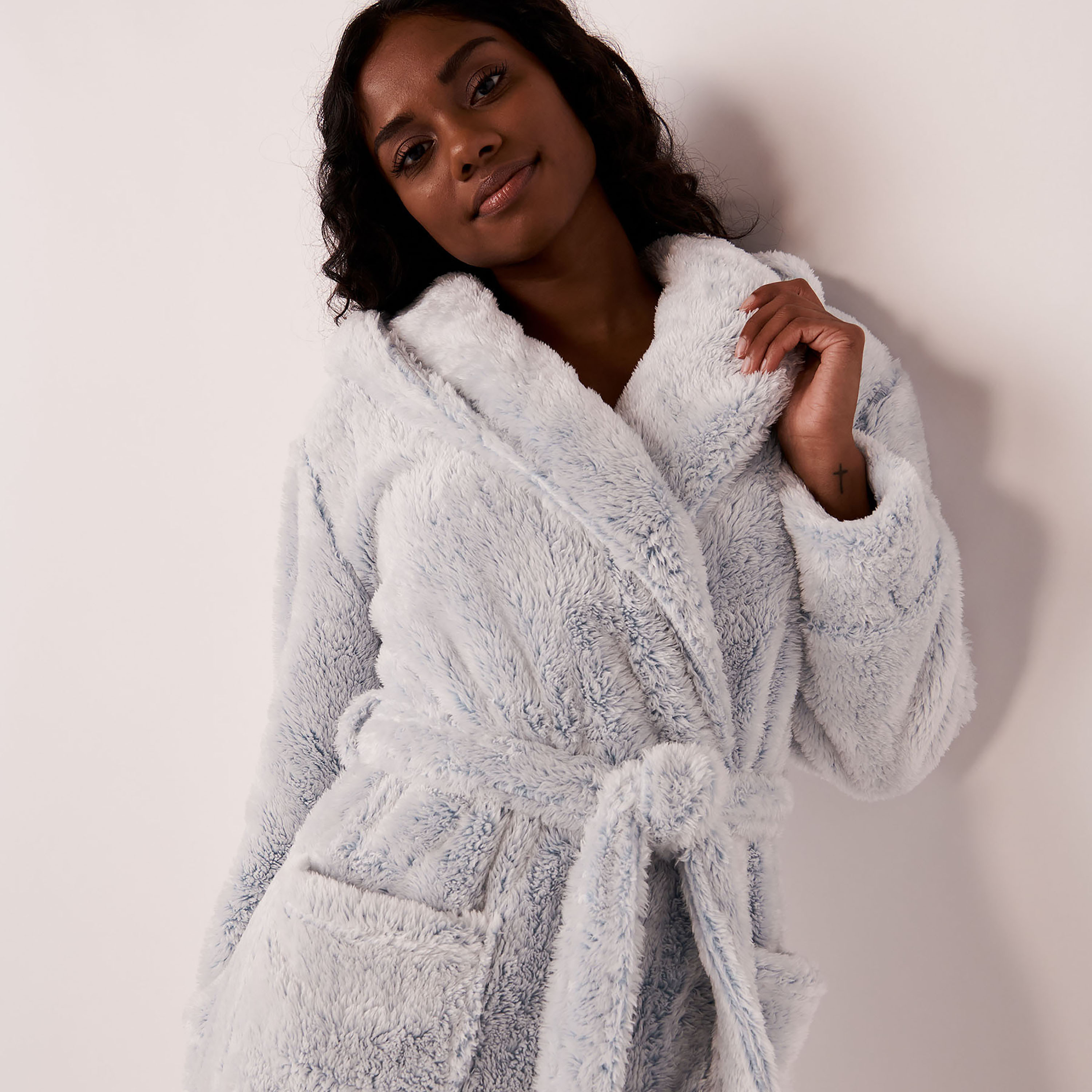 La Vie en Rose Fur Hooded Robe with Tie Belt