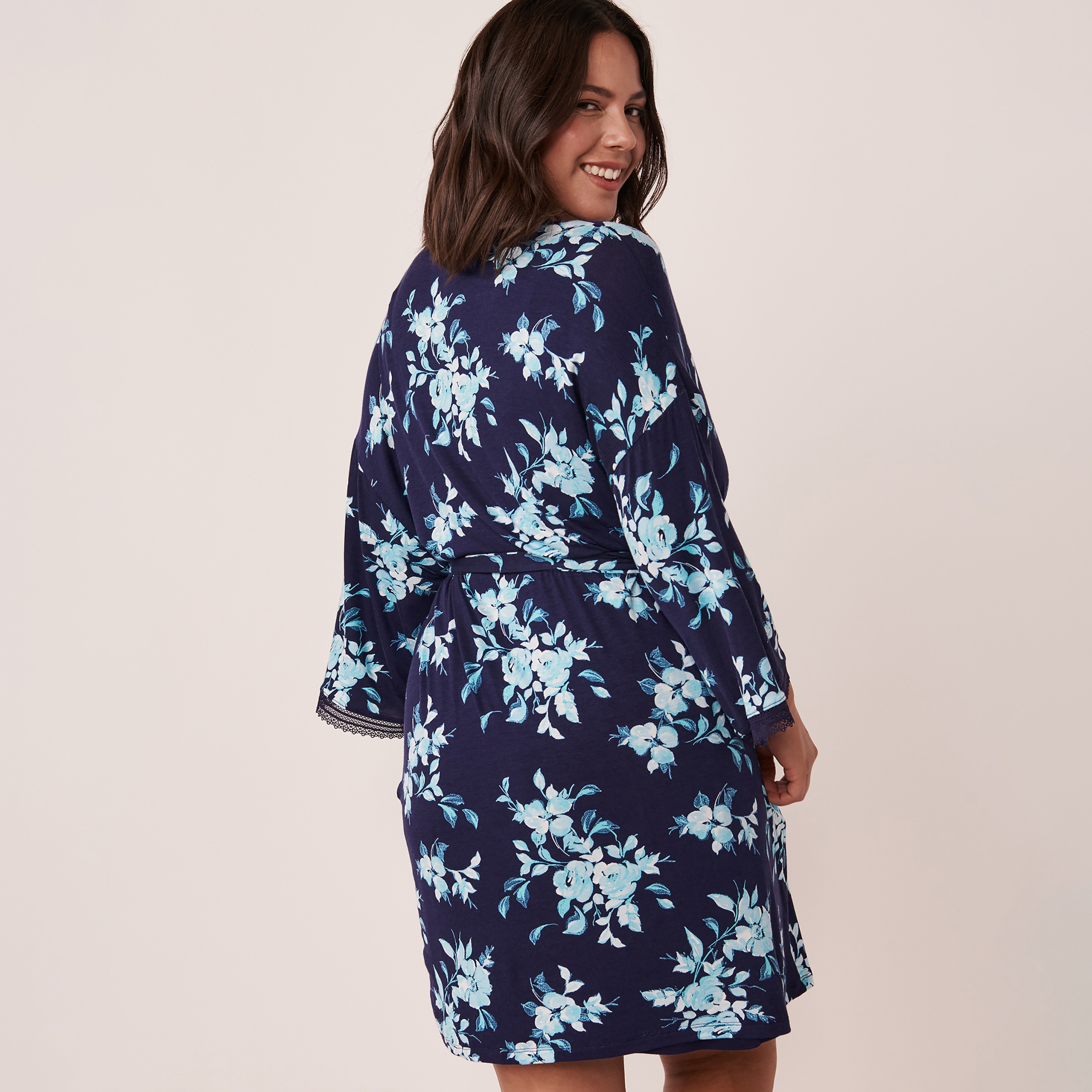 La Vie En Rose Lilac Watercolor Printed Shawl Neck Kimono with Removable Belt-women-clothing-nightwear-robes-image-4
