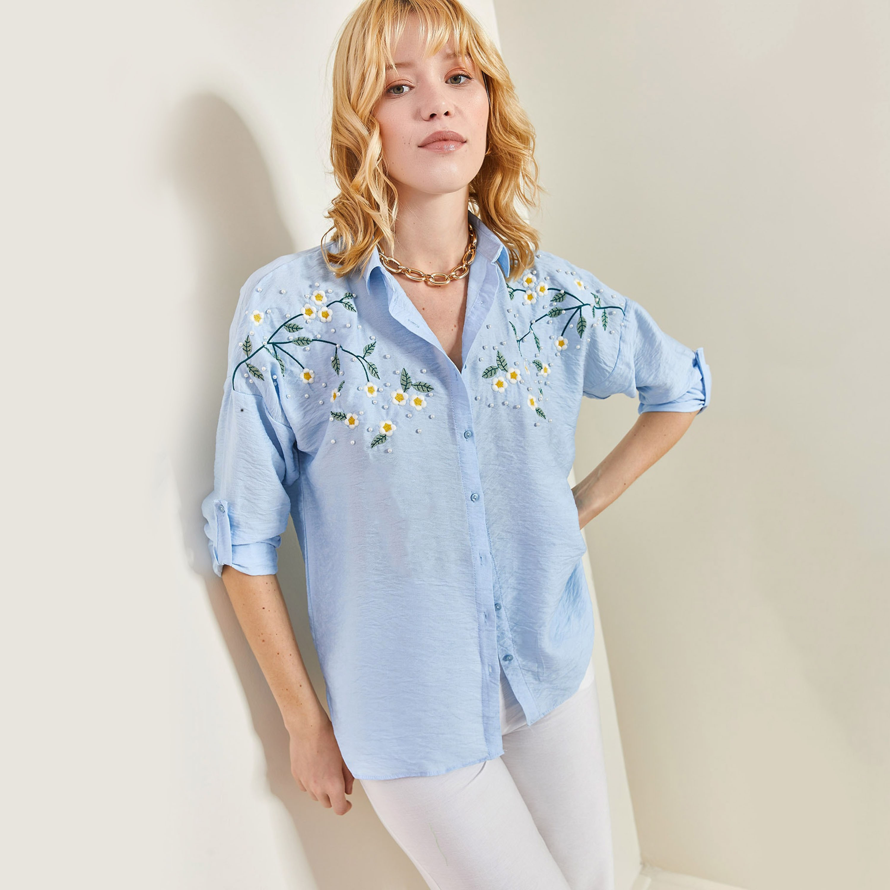 Bianco Lucci Daisy Embroidered Linen Drop Shoulder Roll-Up Sleeves Light Blue Women's Shirt-women-clothing-shirtsandblouses-shirts-image-1