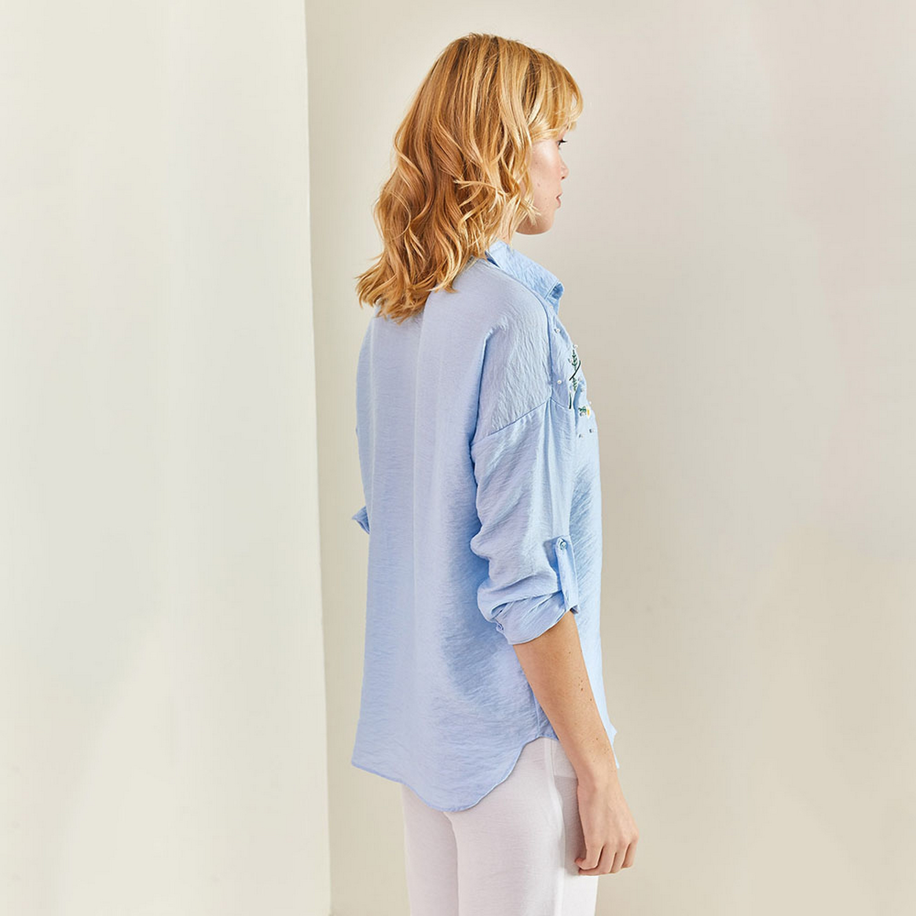Bianco Lucci Daisy Embroidered Linen Drop Shoulder Roll-Up Sleeves Light Blue Women's Shirt-women-clothing-shirtsandblouses-shirts-image-3