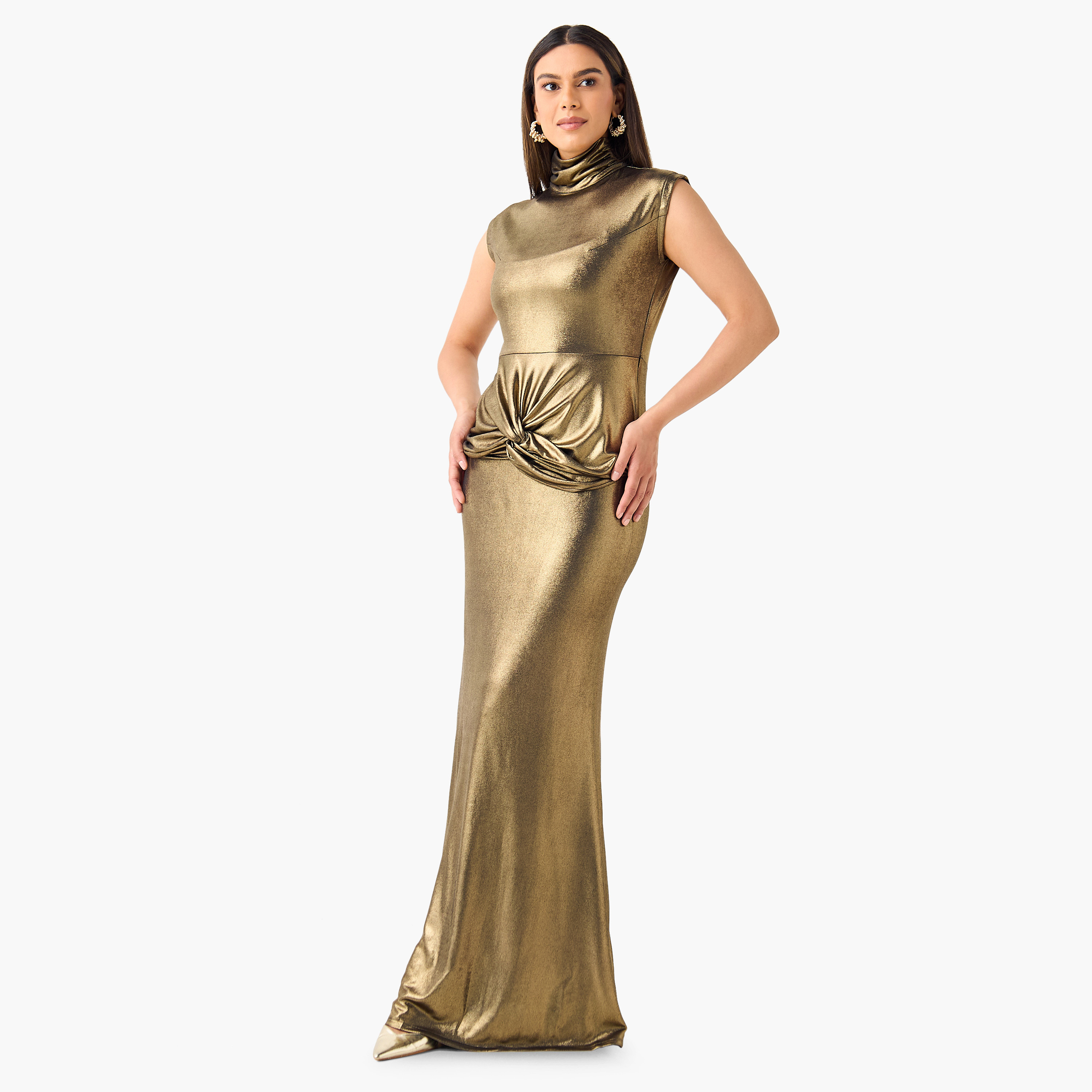 Golden Apple Shimmer Maxi Dress with High Neck and Cap Sleeves-women-clothing-dresses-image-1