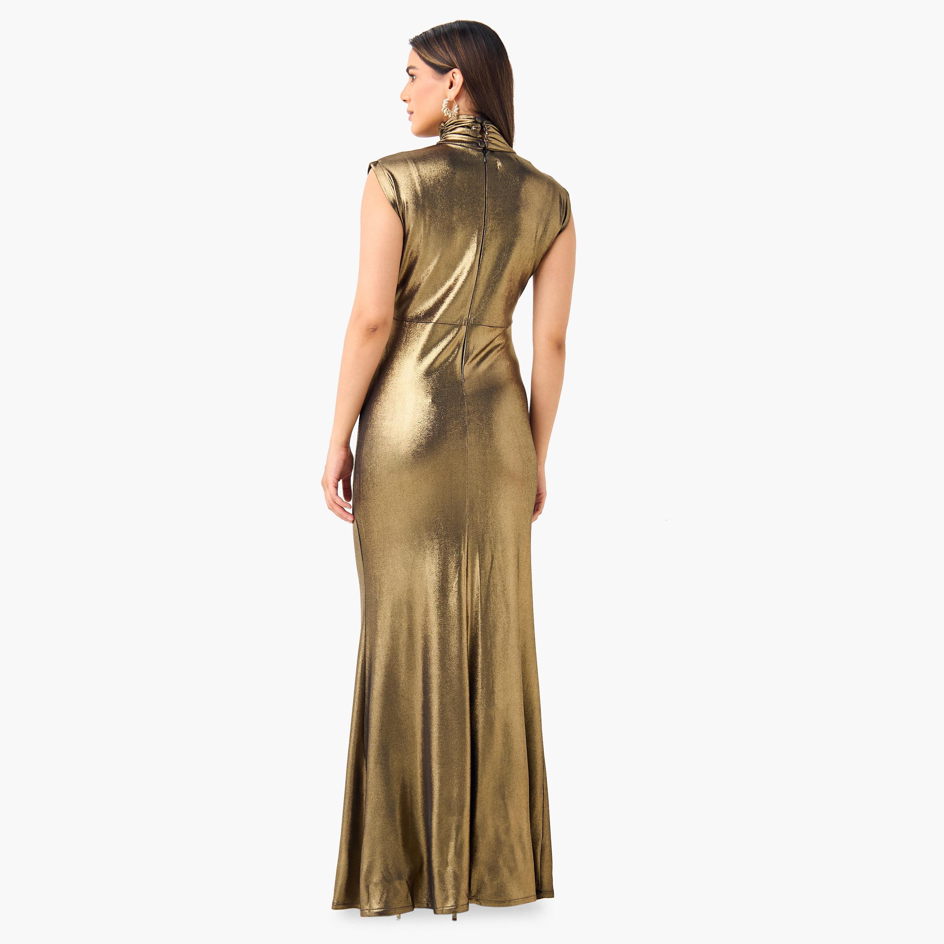 Golden Apple Shimmer Maxi Dress with High Neck and Cap Sleeves-women-clothing-dresses-image-2