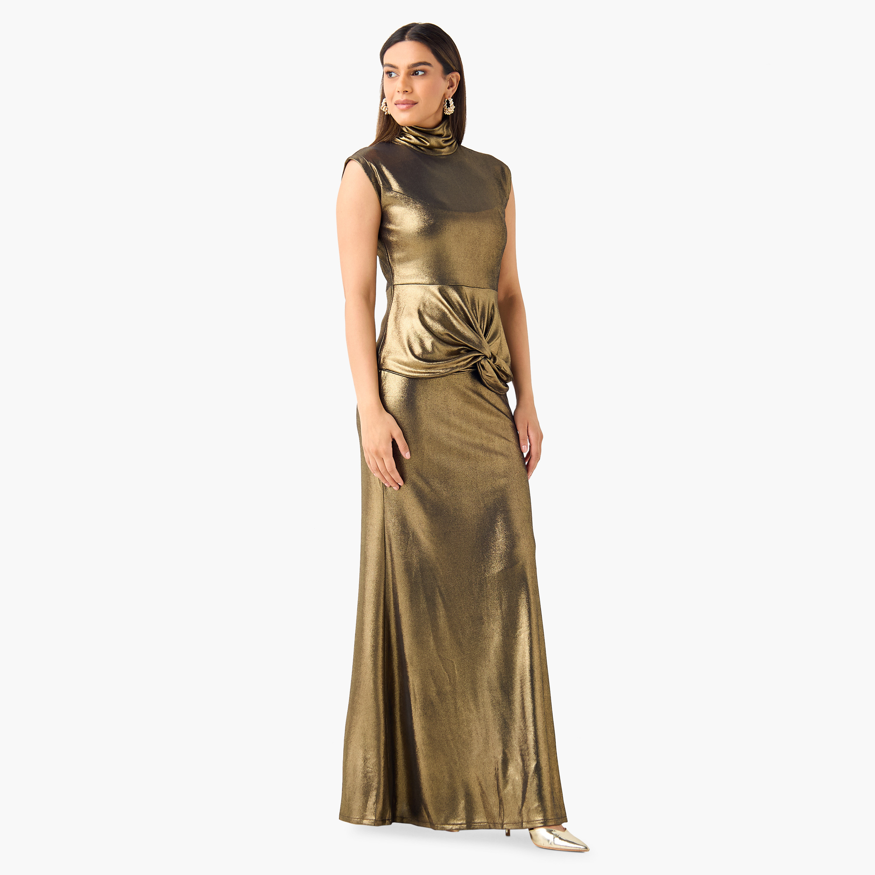 Golden Apple Shimmer Maxi Dress with High Neck and Cap Sleeves-women-clothing-dresses-image-3