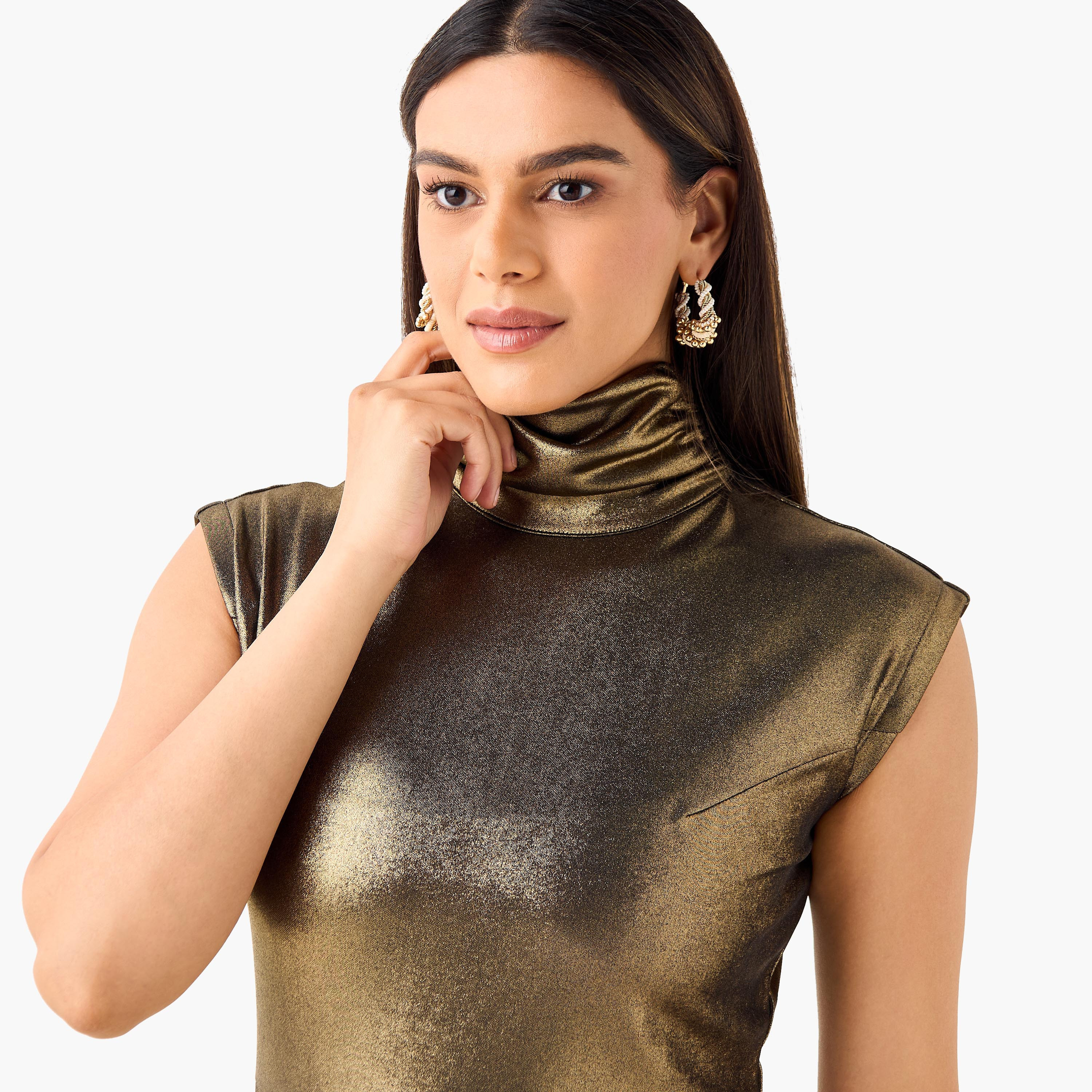 Golden Apple Shimmer Maxi Dress with High Neck and Cap Sleeves-women-clothing-dresses-image-4