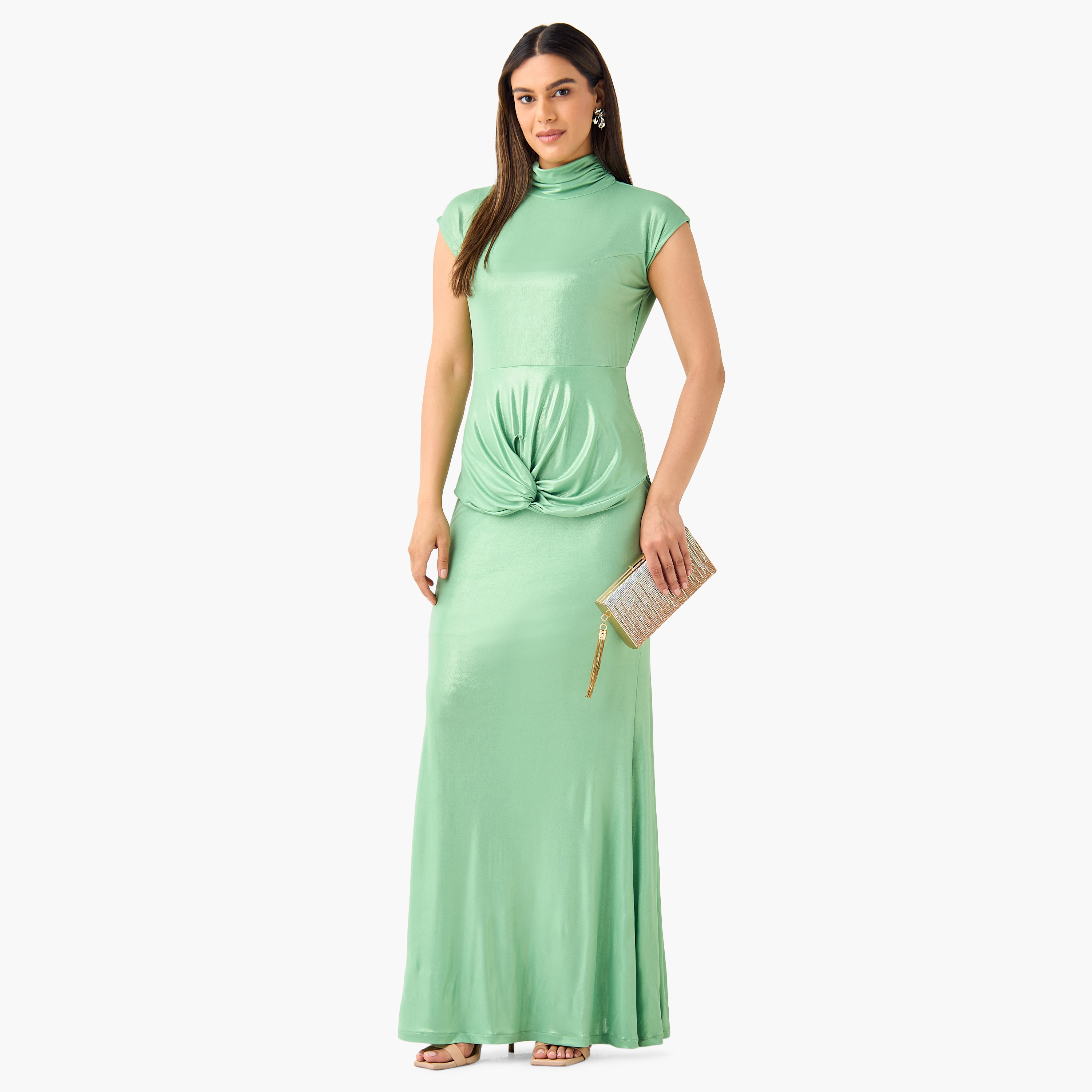 فستان ماكسي لامع بياقة عالية وأكمام قصيرة من جولدن آبل-women-clothing-dresses-image-1