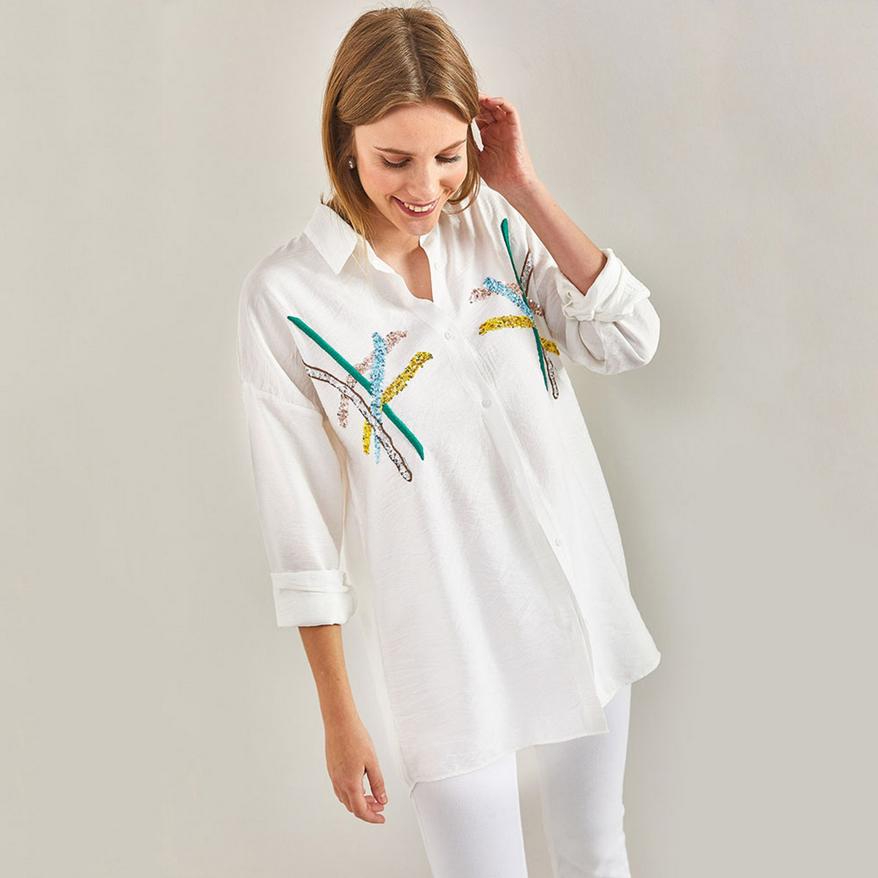 Bianco Lucci Sequined & Embroidered Linen Drop Shoulder Sleeves Women's Shirt-women-clothing-shirtsandblouses-shirts-image-4