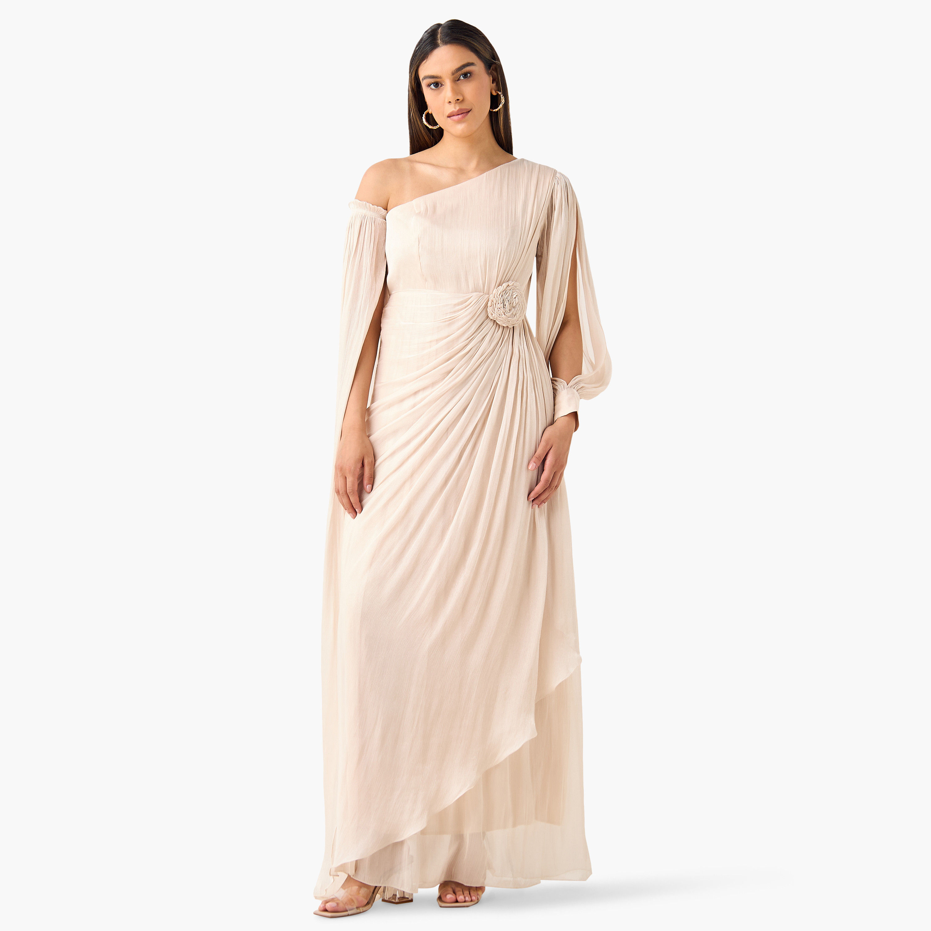 Golden Apple Shimmer One Shoulder Maxi Dress with Bow Detail-women-clothing-dresses-image-6