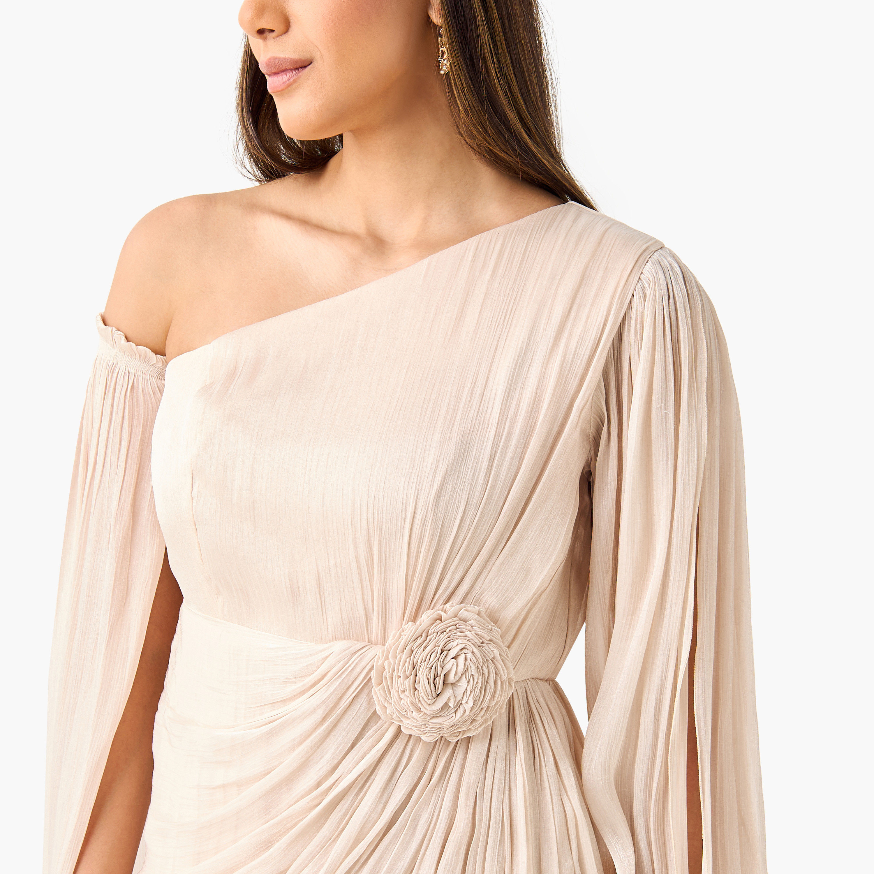 Golden Apple Shimmer One Shoulder Maxi Dress with Bow Detail-women-clothing-dresses-image-9