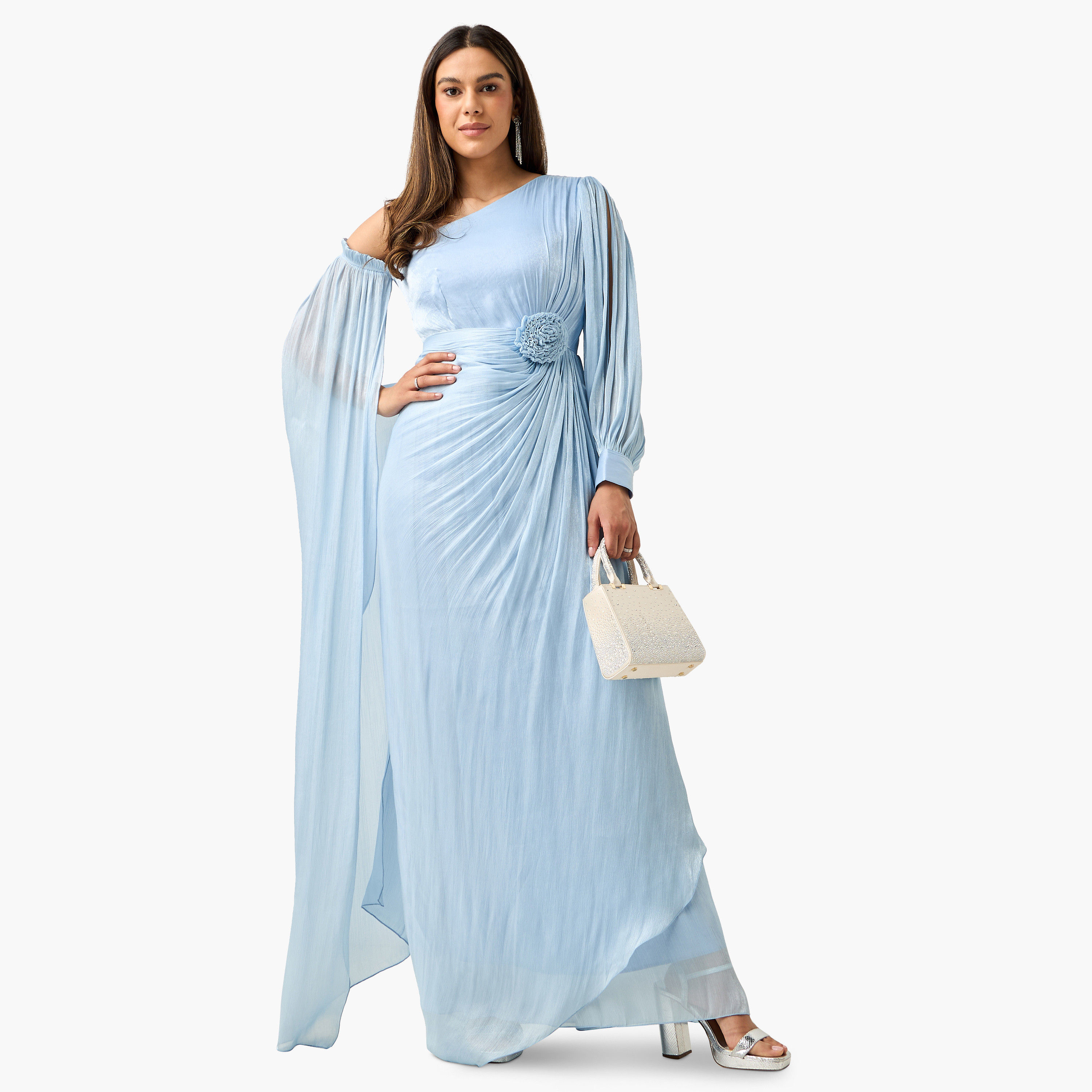 Golden Apple Shimmer One Shoulder Maxi Dress with Bow Detail-women-clothing-dresses-image-11