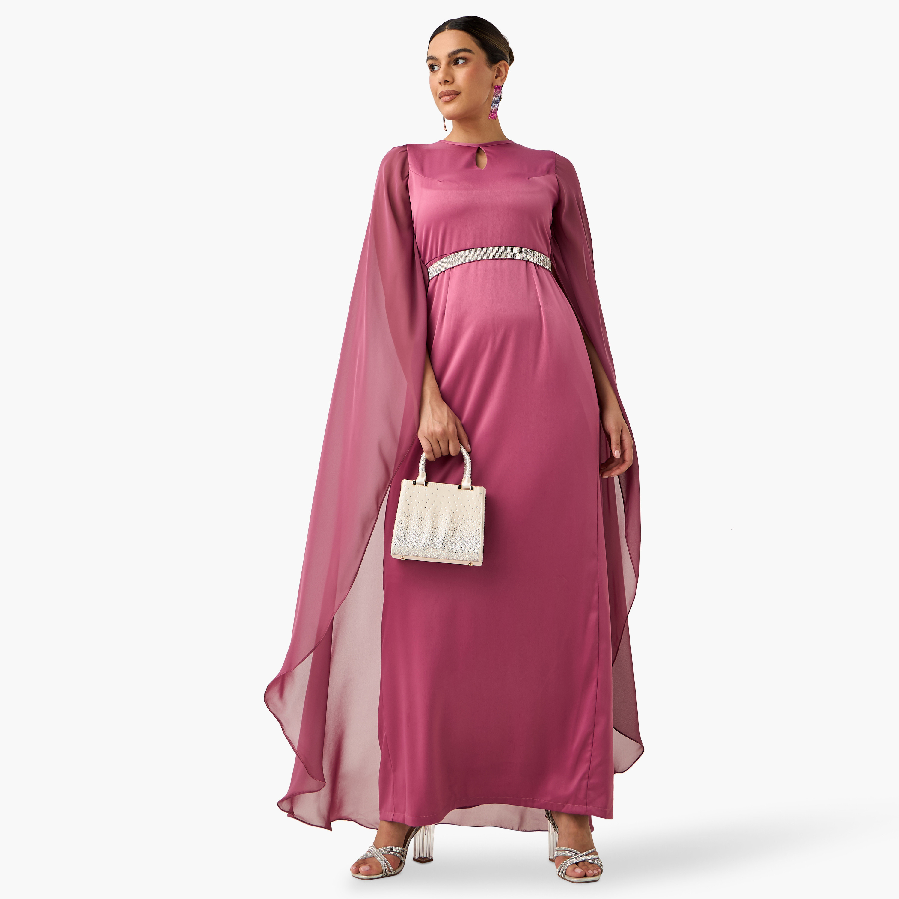 فستان مزين شيفون بياقة بفتحة وأكمام كيب من جولدن أبل-women-clothing-dresses-image-6