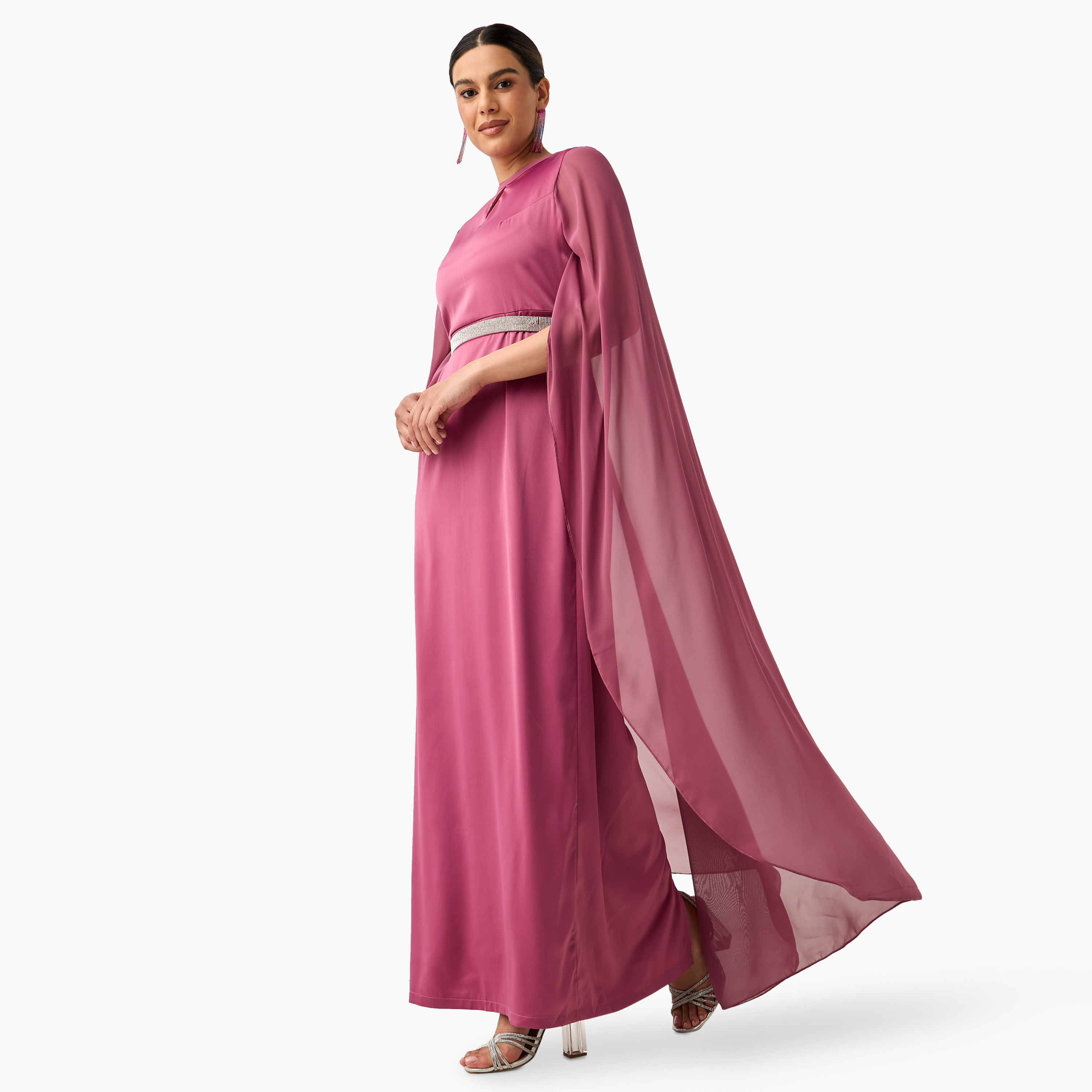 فستان مزين شيفون بياقة بفتحة وأكمام كيب من جولدن أبل-women-clothing-dresses-image-7