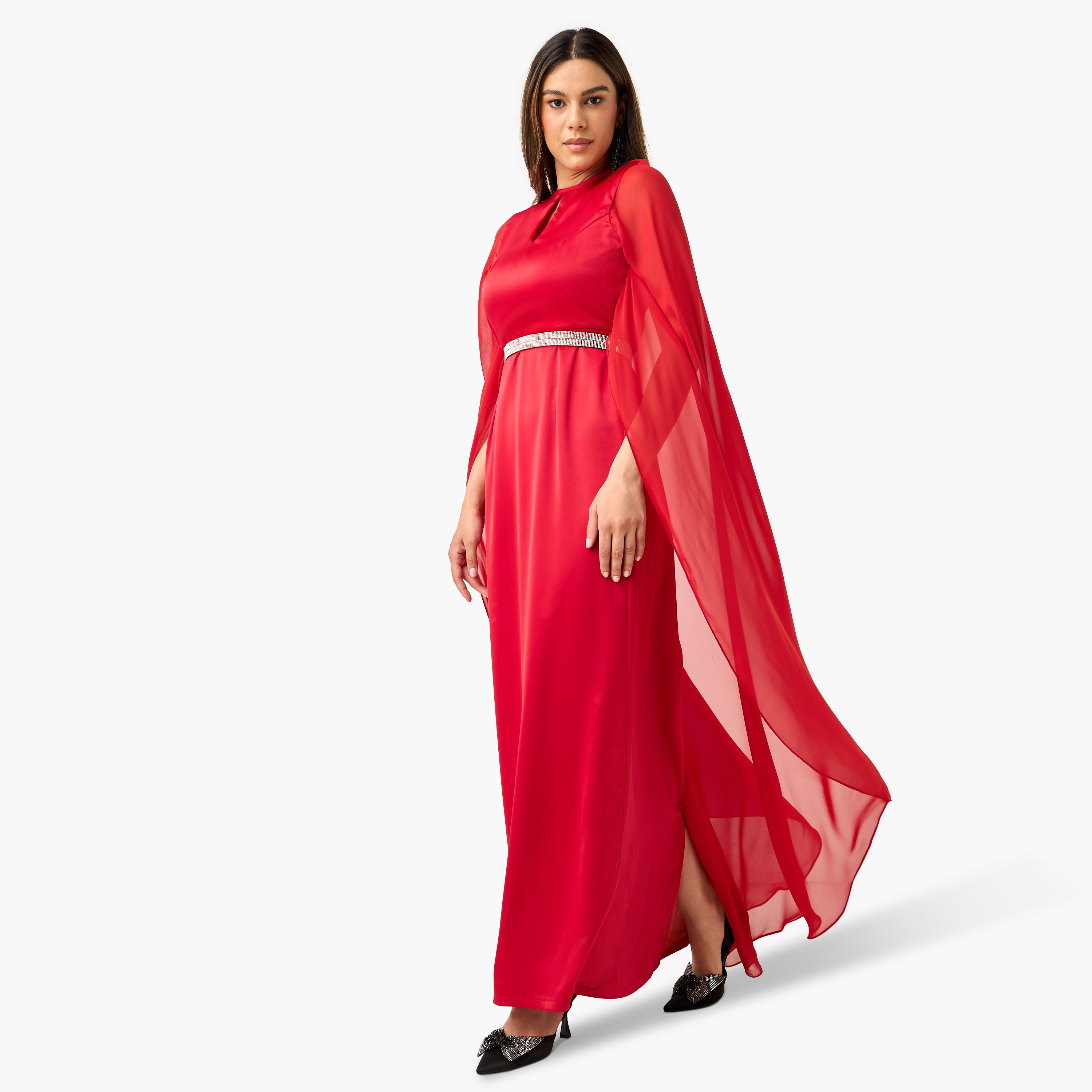 Golden Apple Embellished Chiffon Keyhole Neck Dress with Cape Sleeves-women-clothing-dresses-image-1