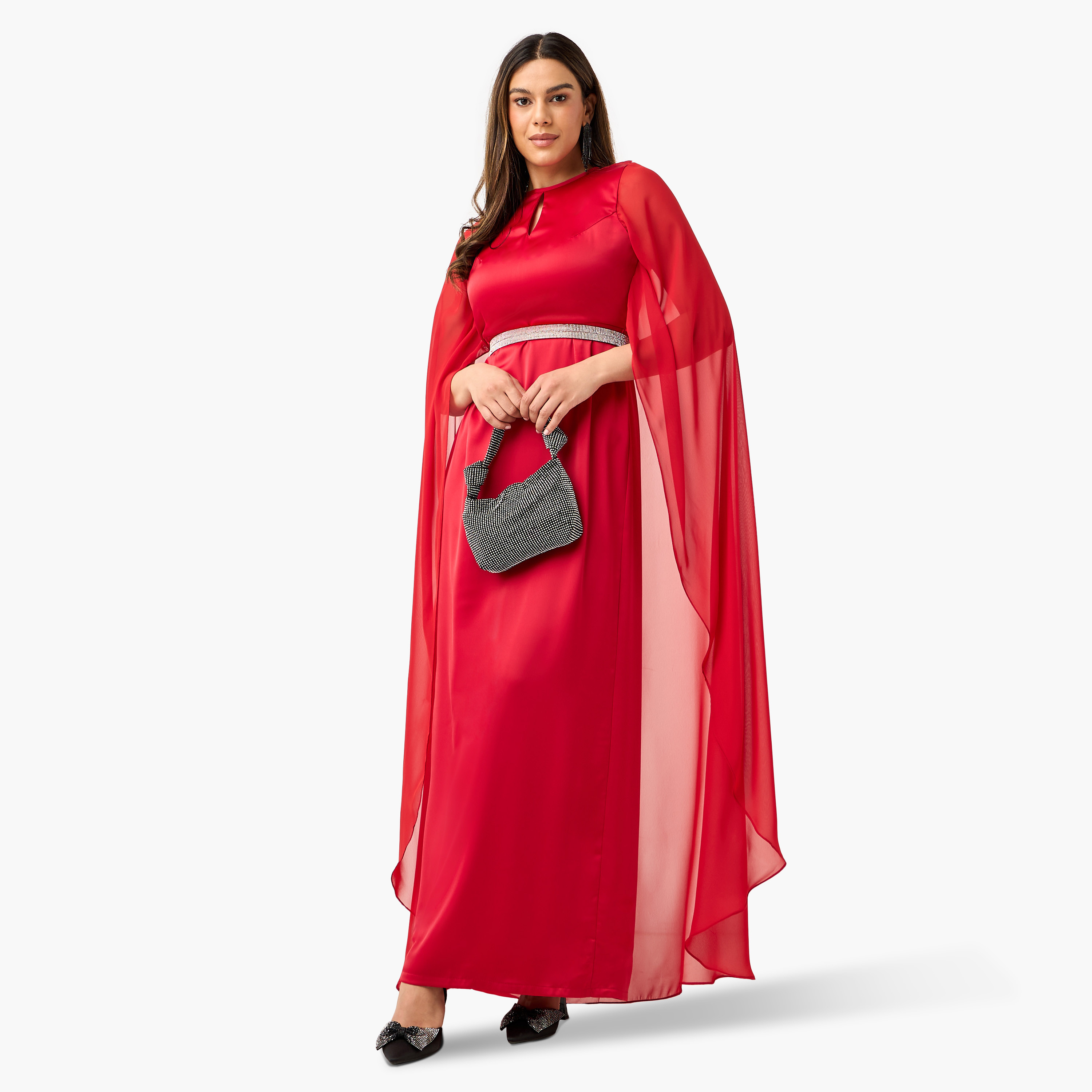 فستان مزين شيفون بياقة بفتحة وأكمام كيب من جولدن أبل-women-clothing-dresses-image-2