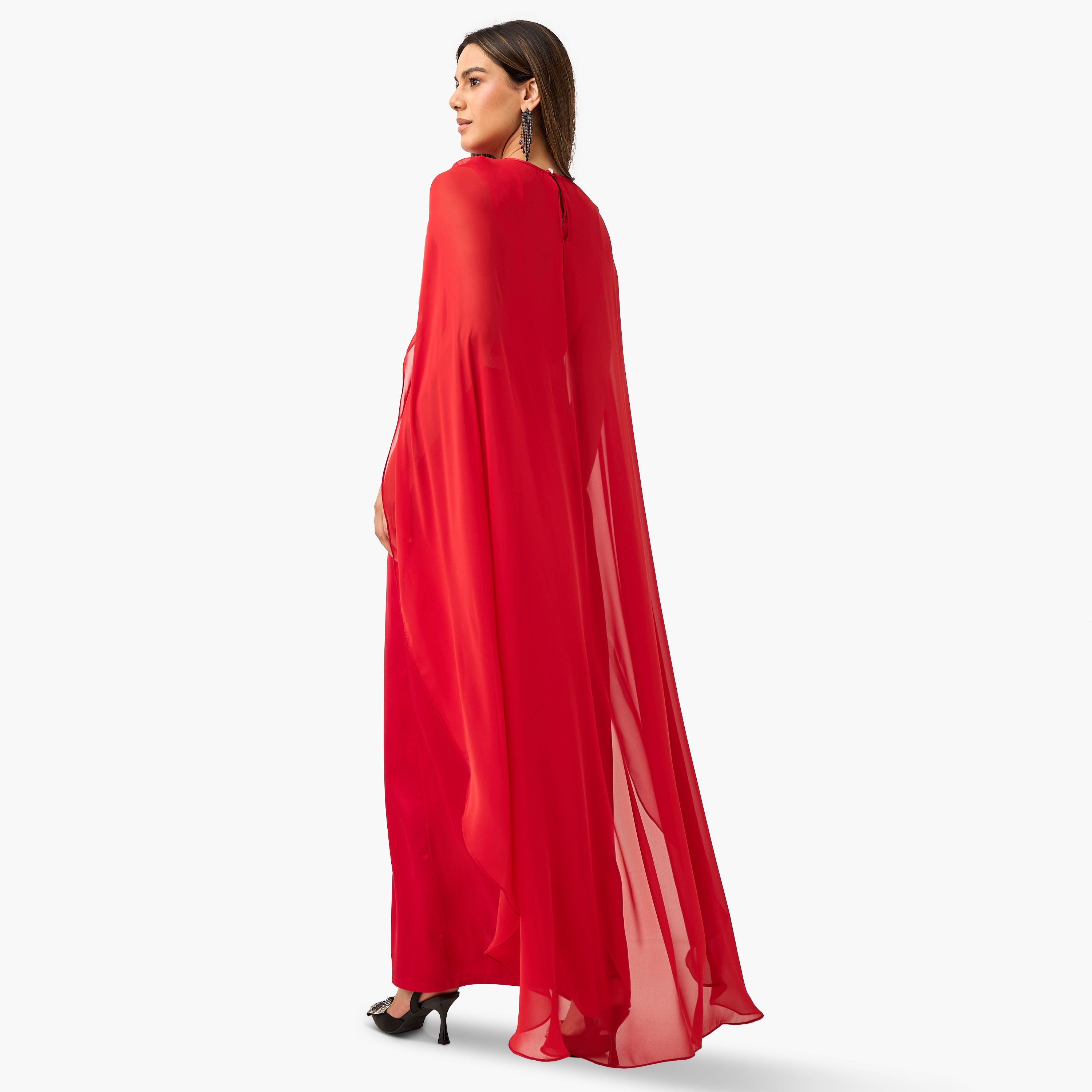 Golden Apple Embellished Chiffon Keyhole Neck Dress with Cape Sleeves-women-clothing-dresses-image-3