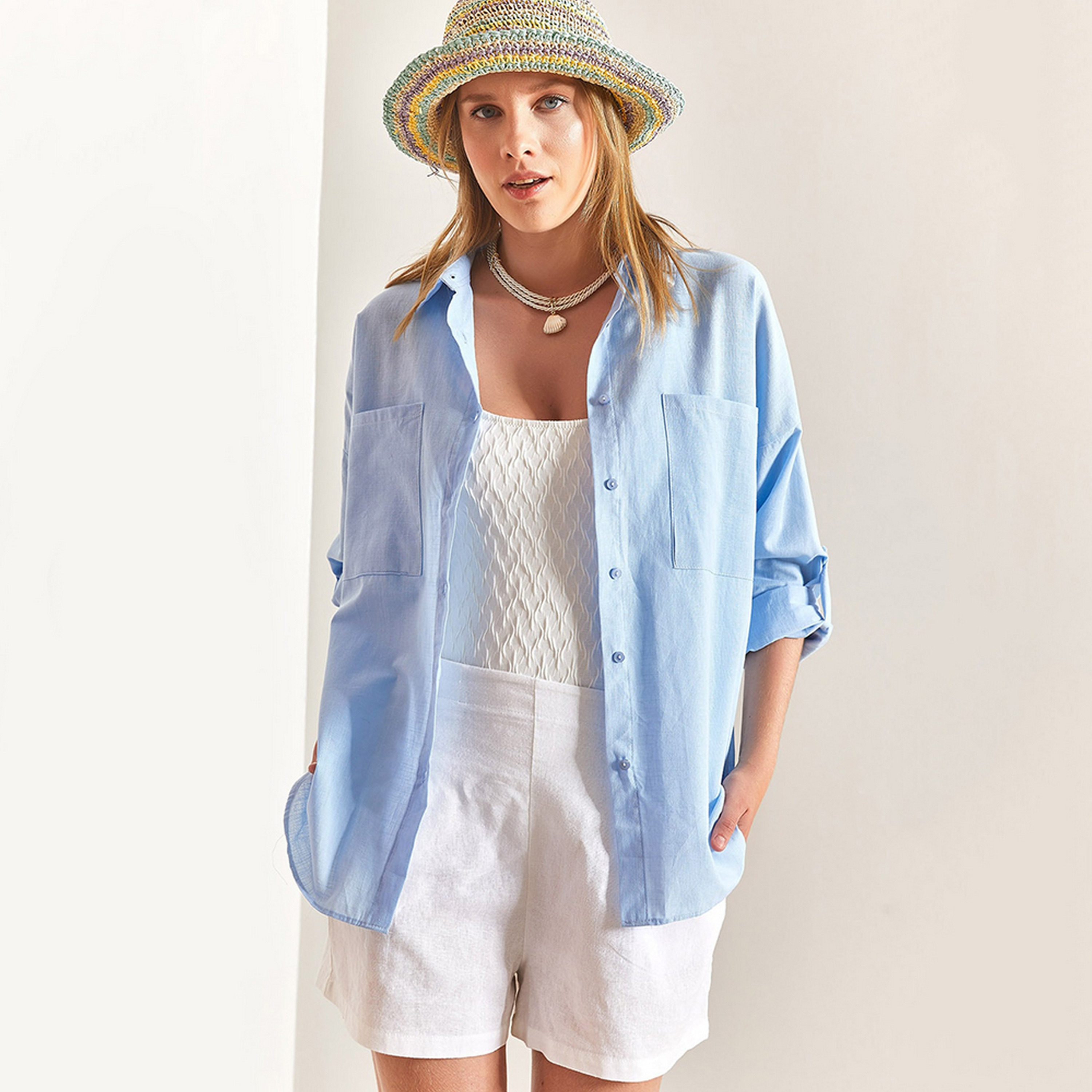 Bianco Lucci Plain Linen Drop Shoulder Roll-Up Sleeves Light Blue Women's Shirt-women-clothing-shirtsandblouses-shirts-image-2