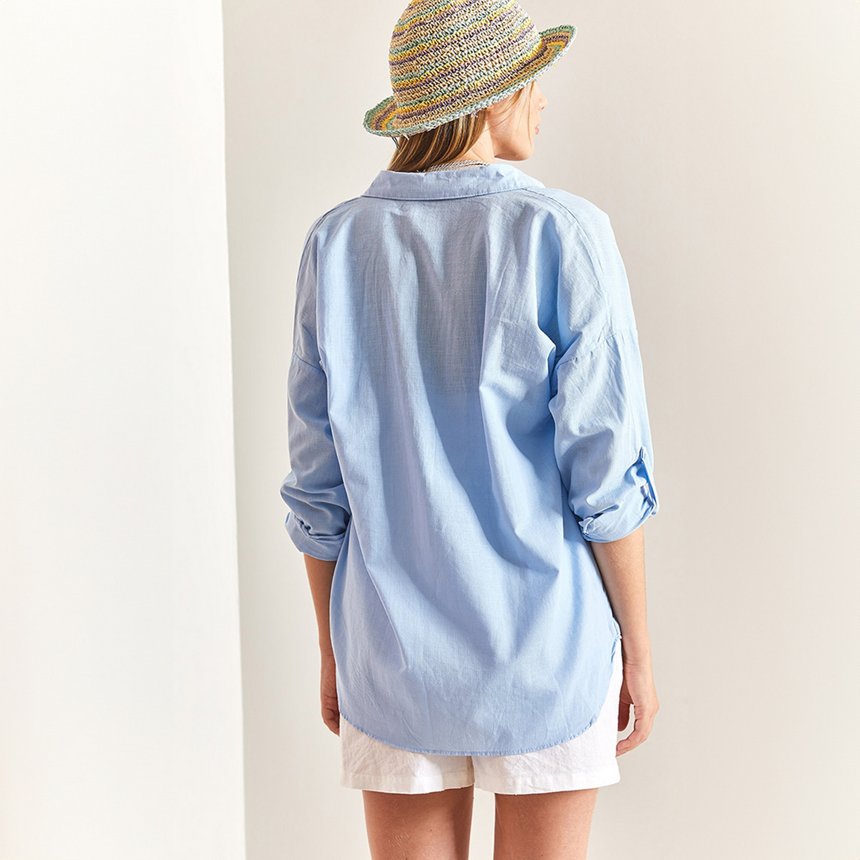 Bianco Lucci Plain Linen Drop Shoulder Roll-Up Sleeves Light Blue Women's Shirt-women-clothing-shirtsandblouses-shirts-image-3