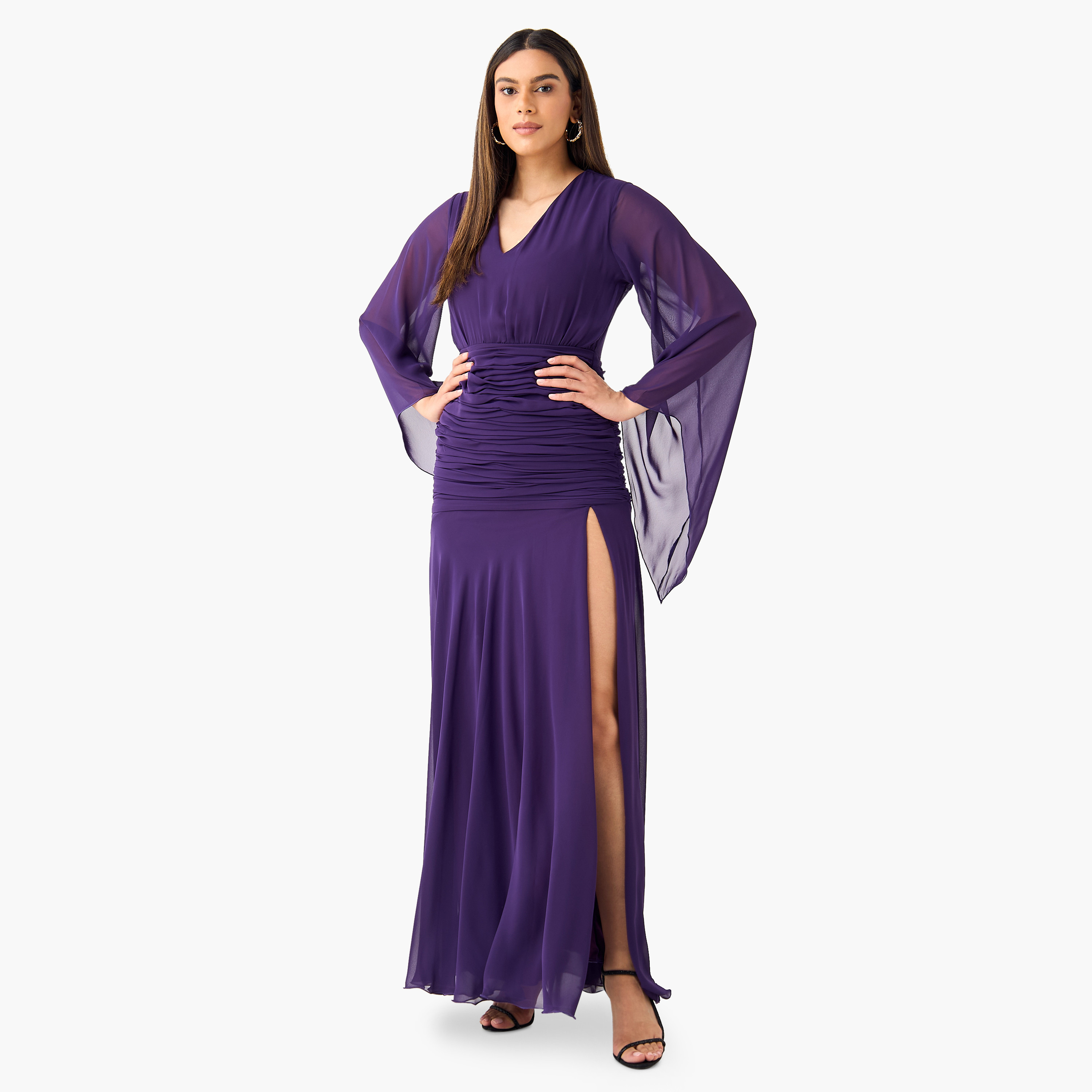 فستان ماكسي بياقة V وفتحة وكسرات من جولدن آبل-women-clothing-dresses-image-7