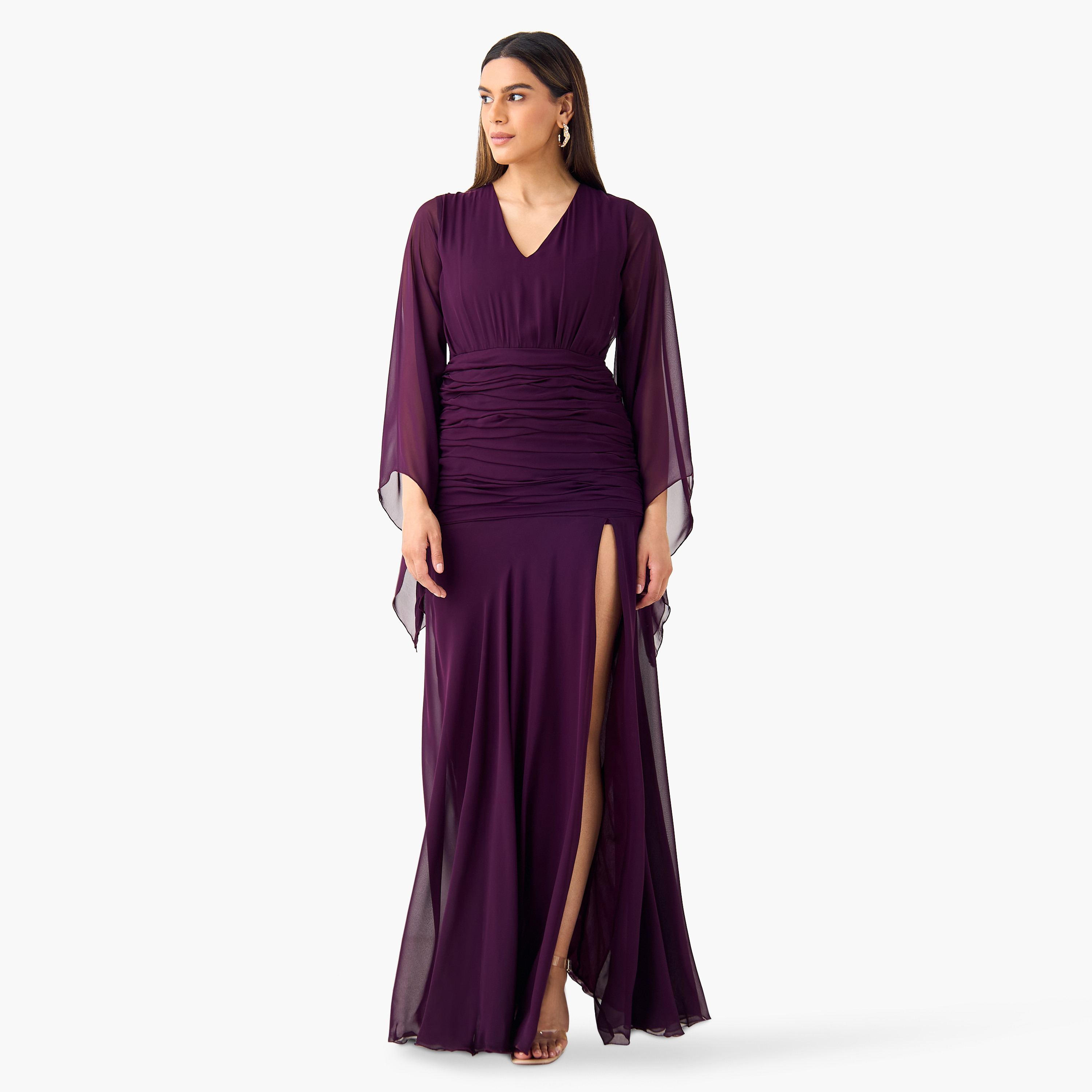 فستان ماكسي بياقة V وفتحة وكسرات من جولدن آبل-women-clothing-dresses-image-2