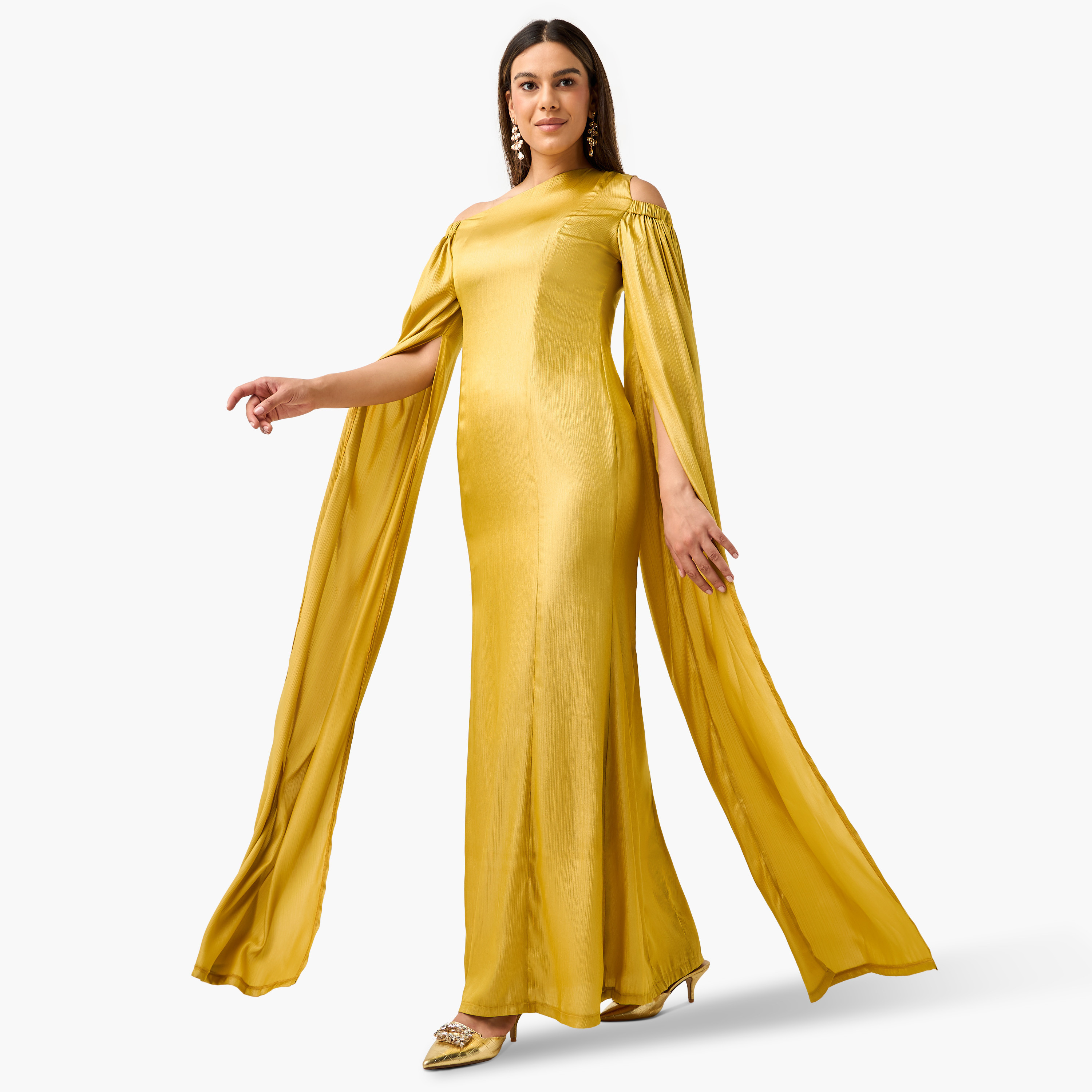 Golden Apple Solid One Shoulder Maxi Dress with Cape Detail-women-clothing-dresses-image-1