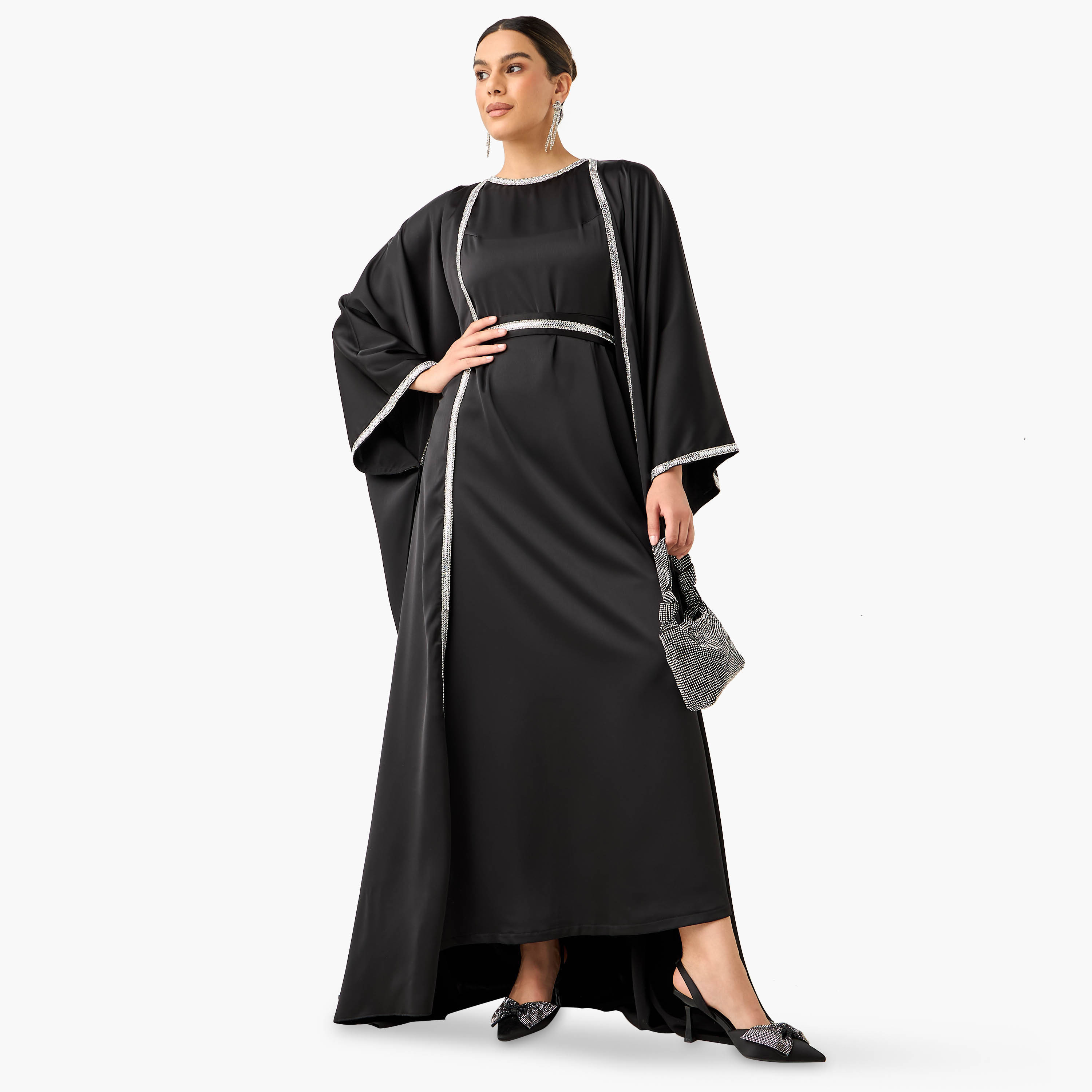 Golden Apple Embellished Crepe Satin Sleeveless Dress with Longline Shrug-women-clothing-dresses-image-1