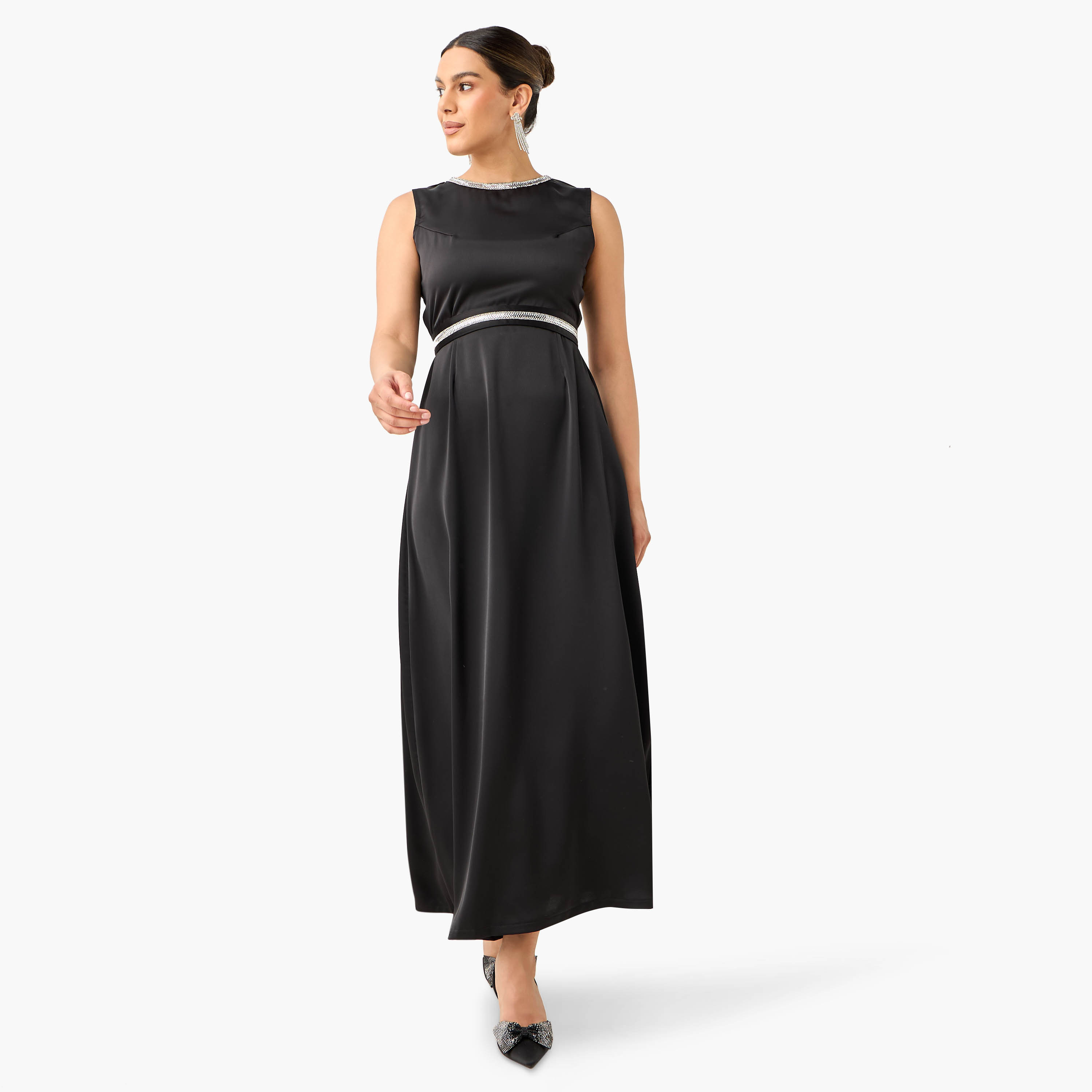 Golden Apple Embellished Crepe Satin Sleeveless Dress with Longline Shrug-women-clothing-dresses-image-2
