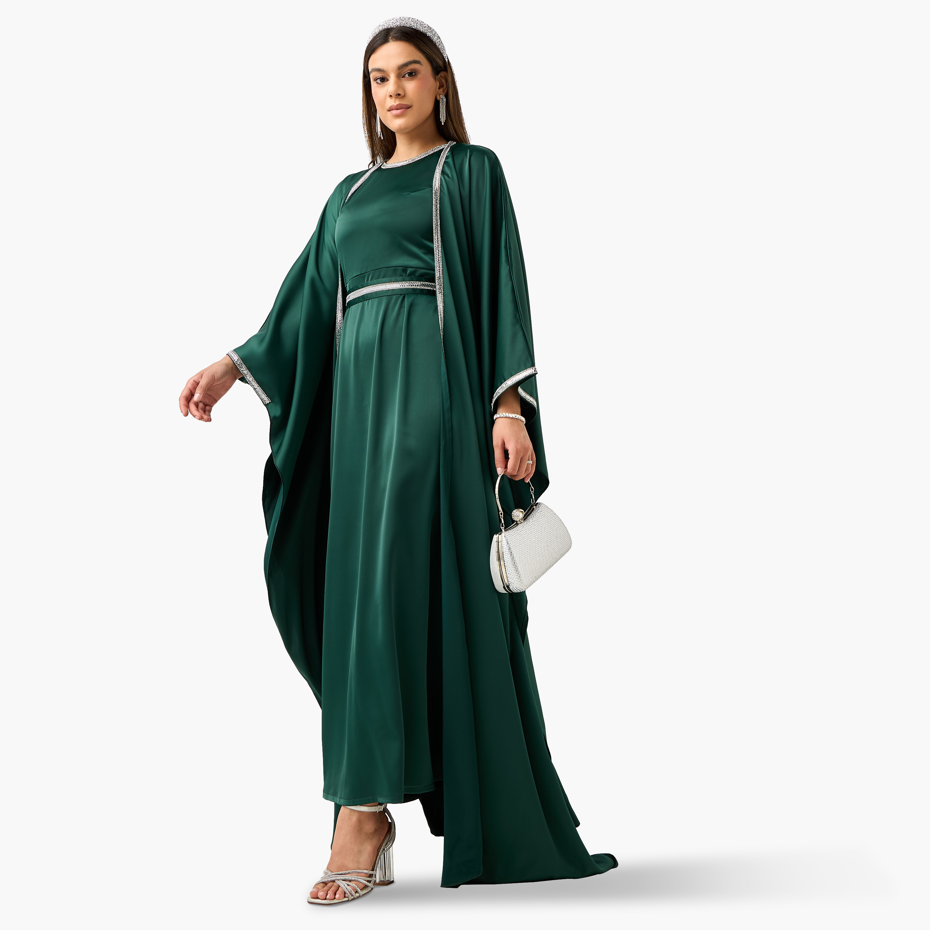 فستان ساتان كريب مزين بدون أكمام مع سترة مفتوحة طويلة من جولدن أبل-women-clothing-dresses-image-6
