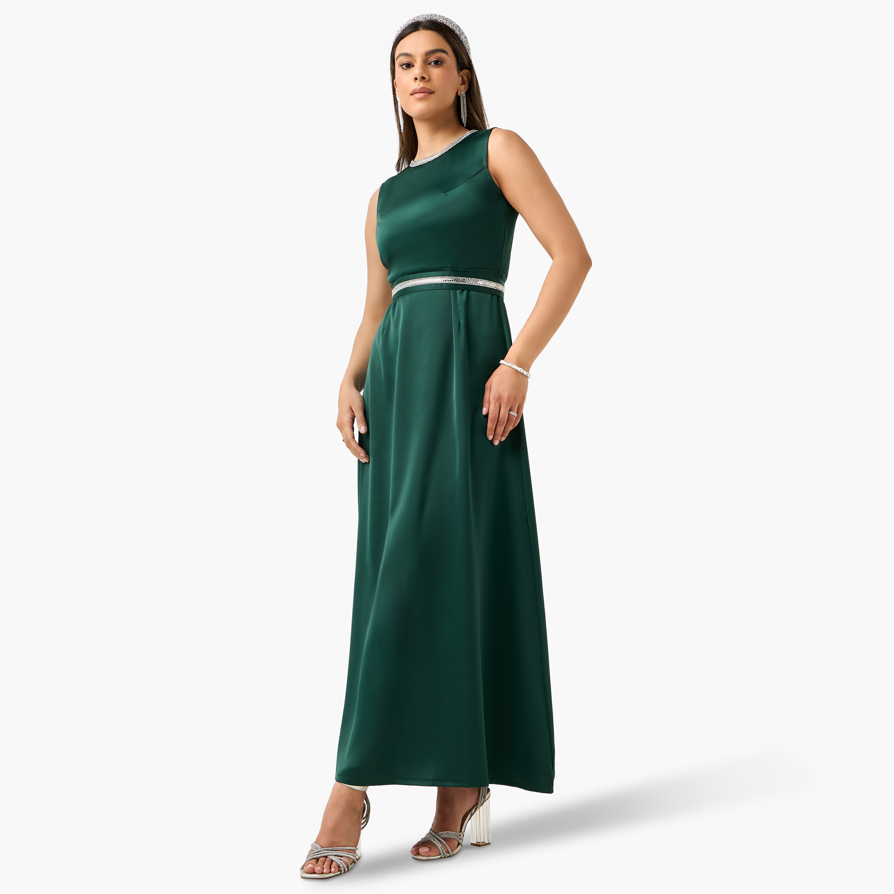فستان ساتان كريب مزين بدون أكمام مع سترة مفتوحة طويلة من جولدن أبل-women-clothing-dresses-image-7
