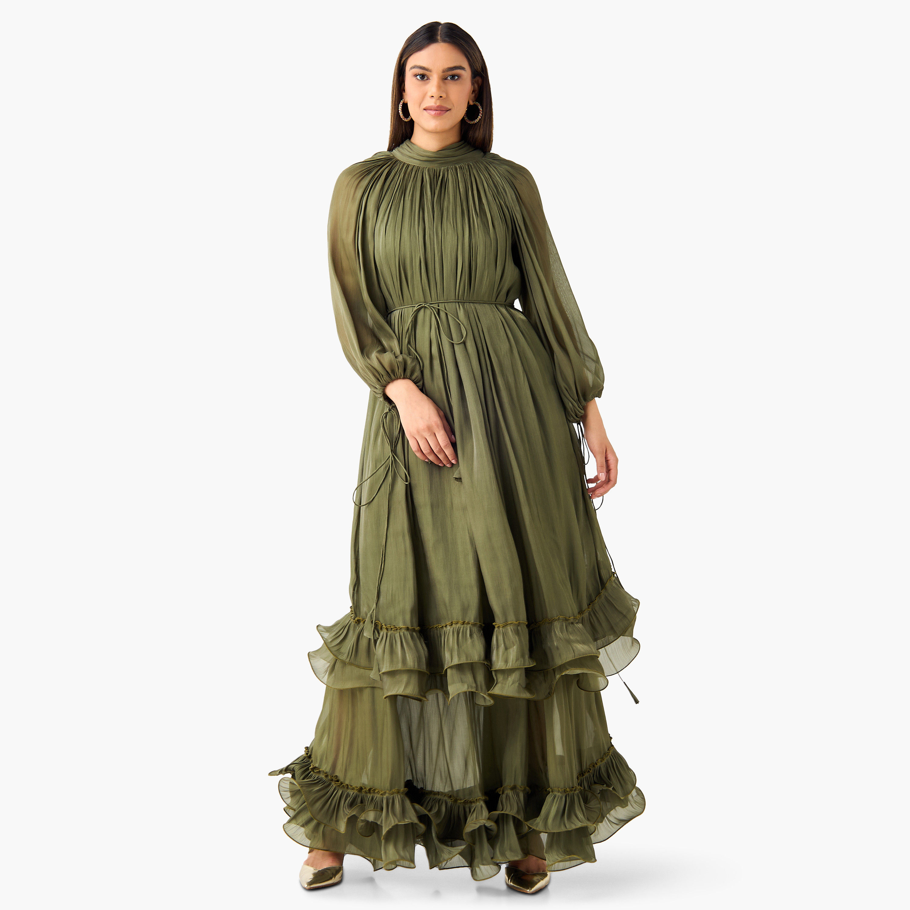 فستان بتفاصيل كشكش وياقة بفيونكة وأكمام منفوخة من جولدن آبل-women-clothing-dresses-image-11