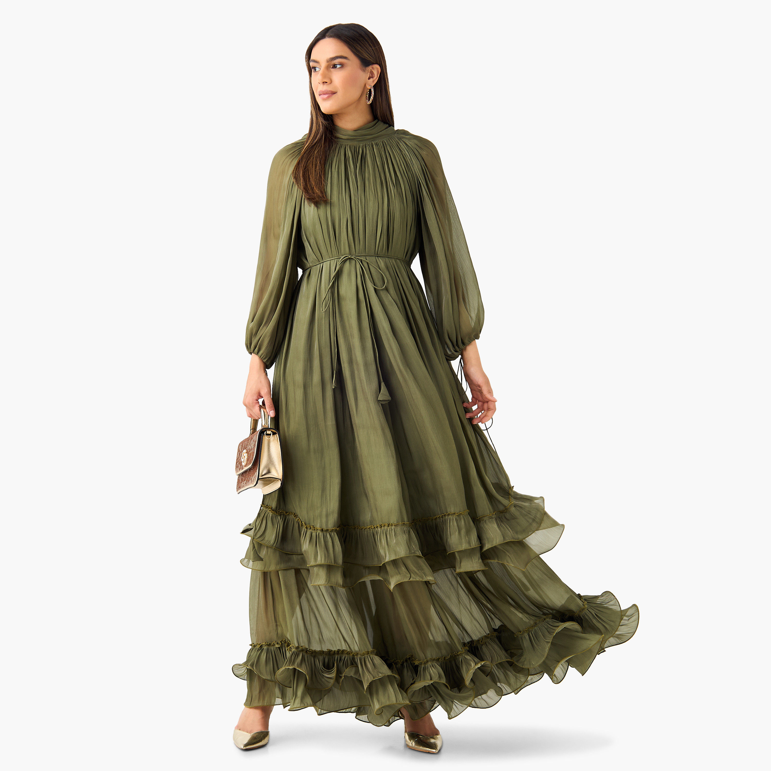 فستان بتفاصيل كشكش وياقة بفيونكة وأكمام منفوخة من جولدن آبل-women-clothing-dresses-image-12