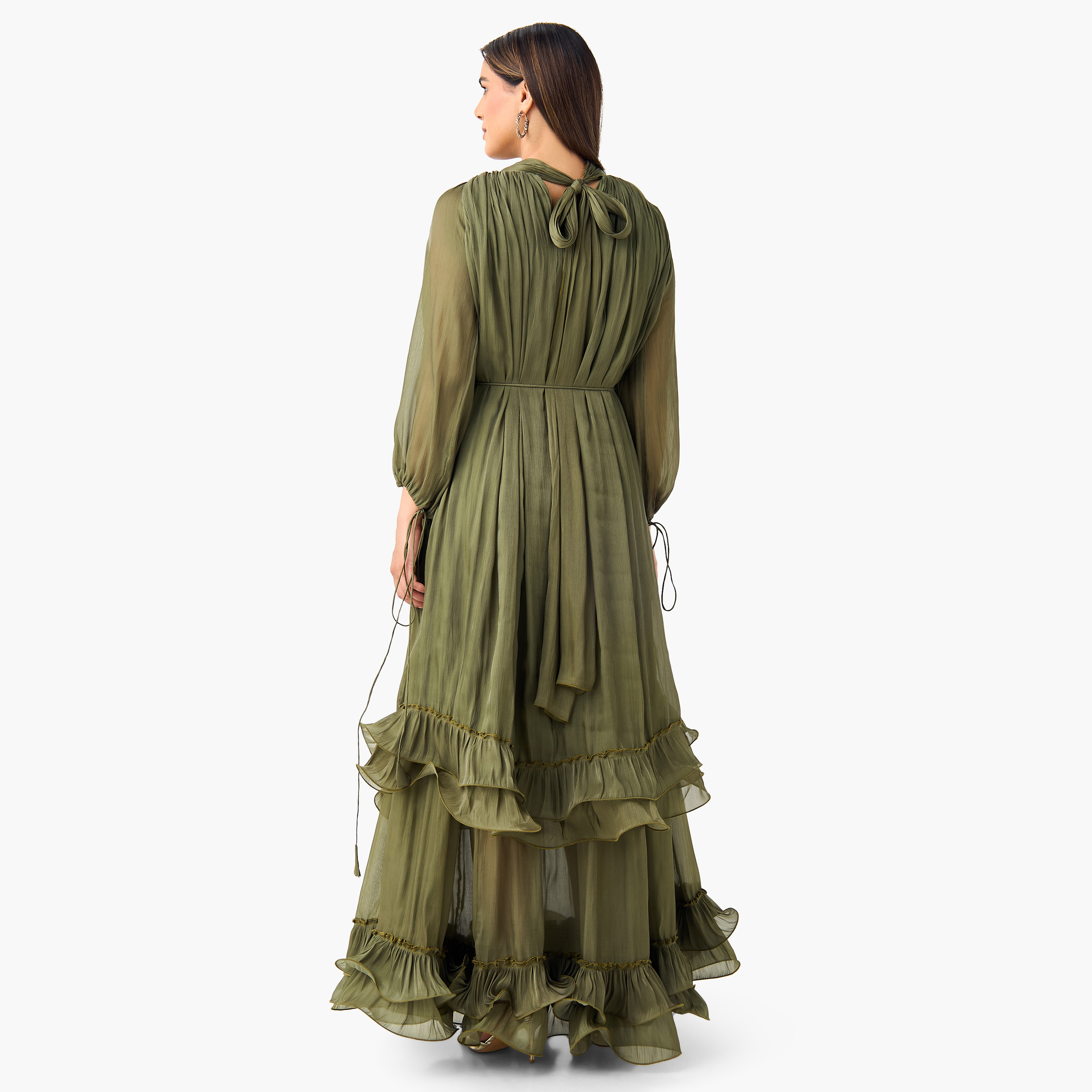 فستان بتفاصيل كشكش وياقة بفيونكة وأكمام منفوخة من جولدن آبل-women-clothing-dresses-image-13