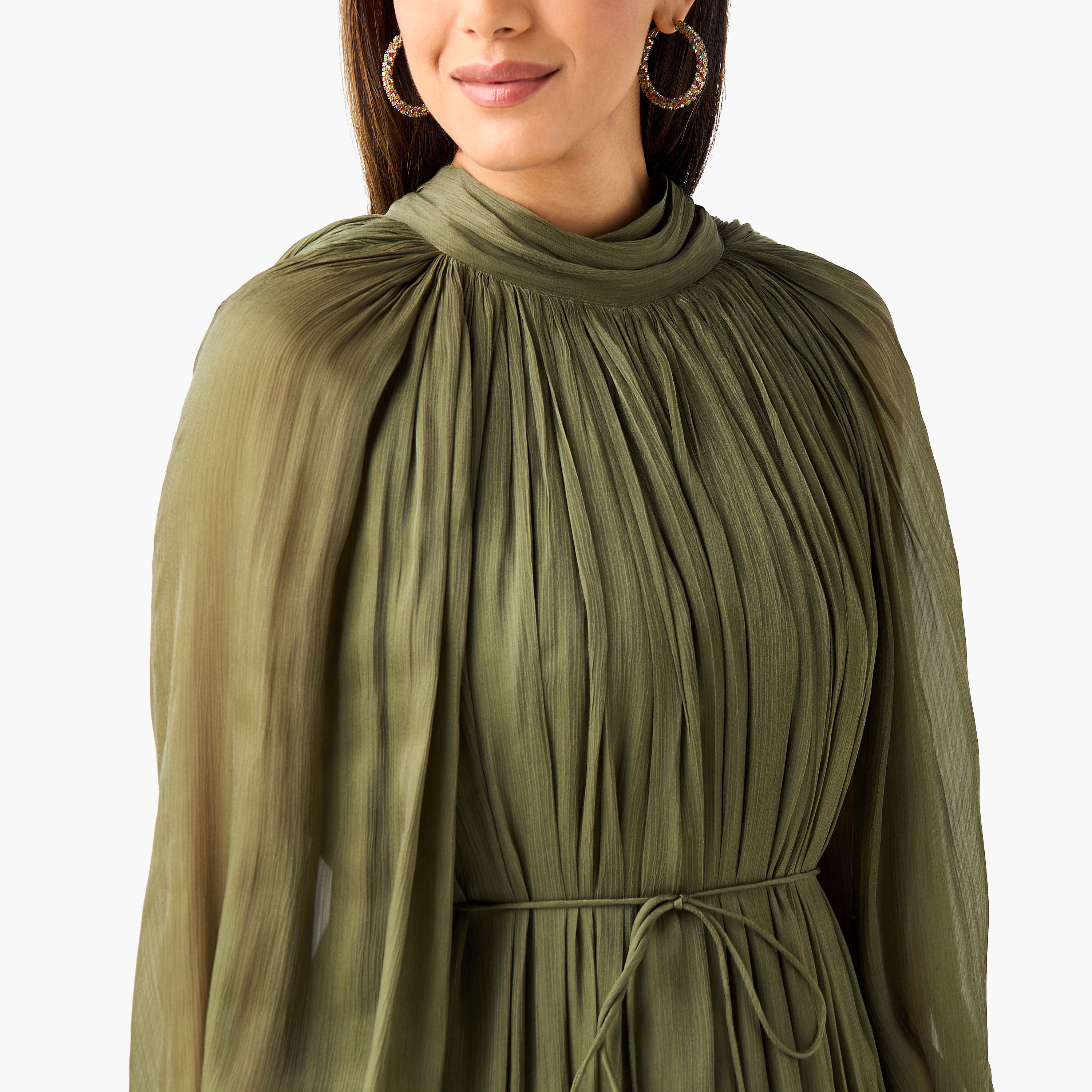 فستان بتفاصيل كشكش وياقة بفيونكة وأكمام منفوخة من جولدن آبل-women-clothing-dresses-image-14