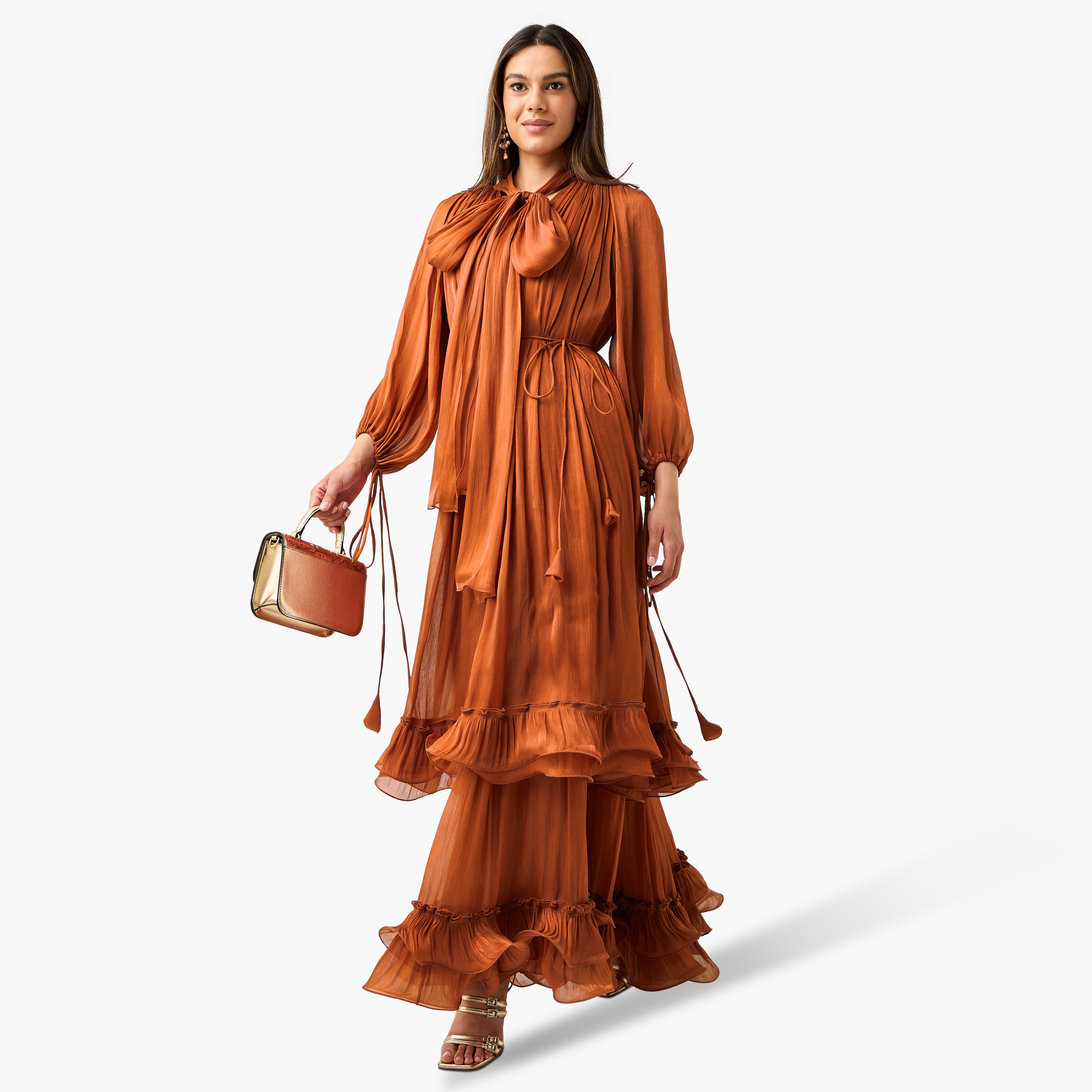 Golden Apple Ruffle Detail Pussy Bow Neck Dress with Volume Sleeves-women-clothing-dresses-image-1