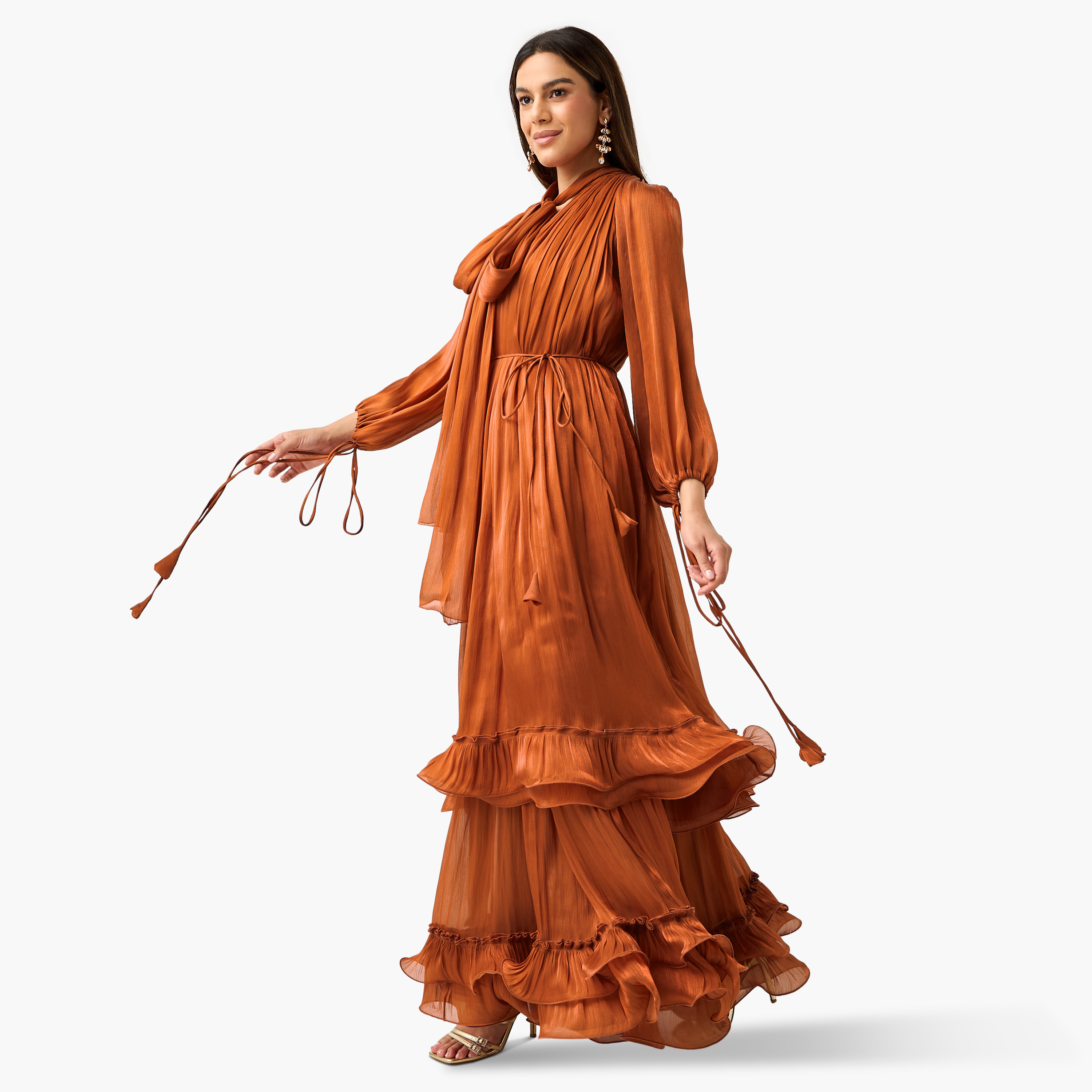 Golden Apple Ruffle Detail Pussy Bow Neck Dress with Volume Sleeves-women-clothing-dresses-image-2