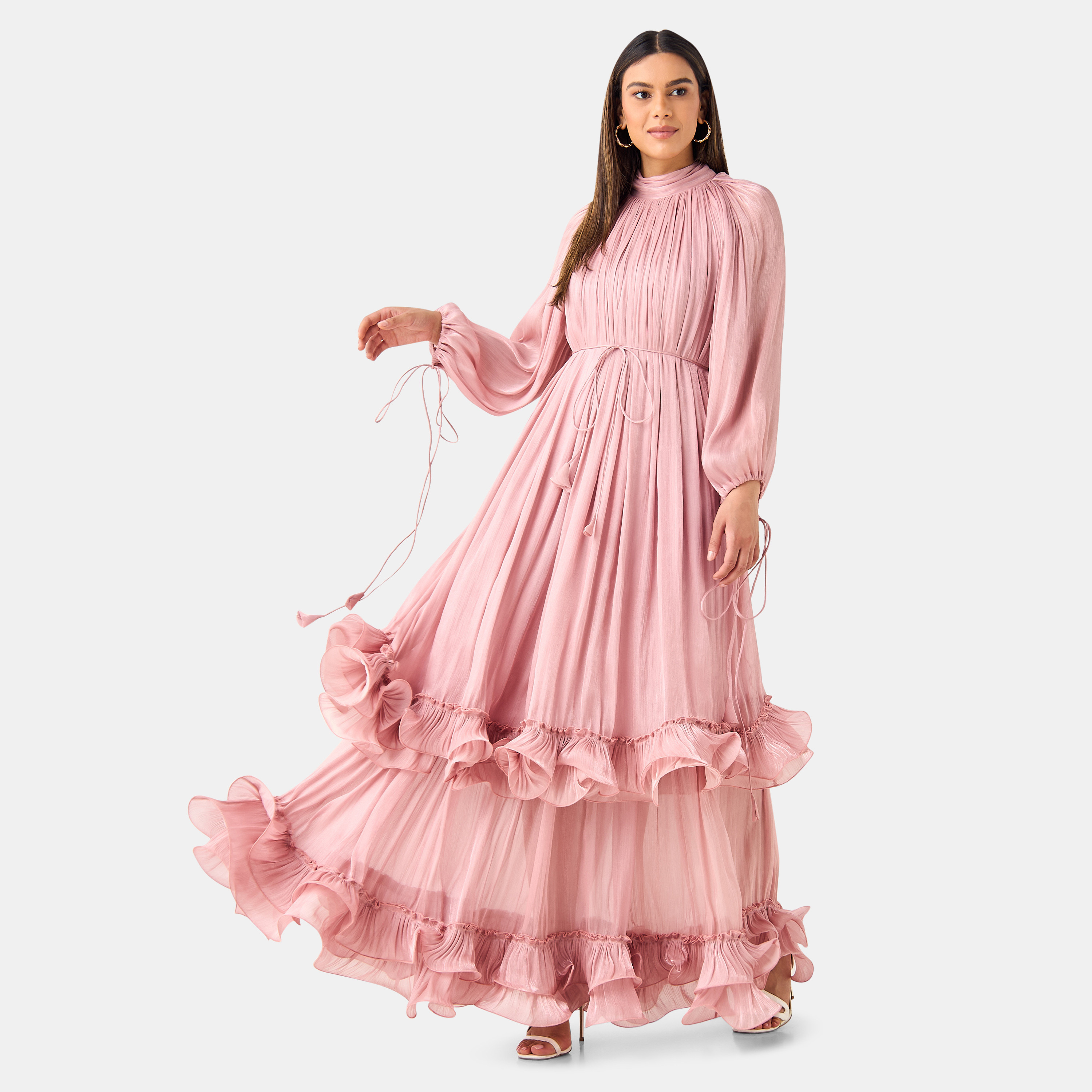 فستان بتفاصيل كشكش وياقة بفيونكة وأكمام منفوخة من جولدن آبل-women-clothing-dresses-image-6