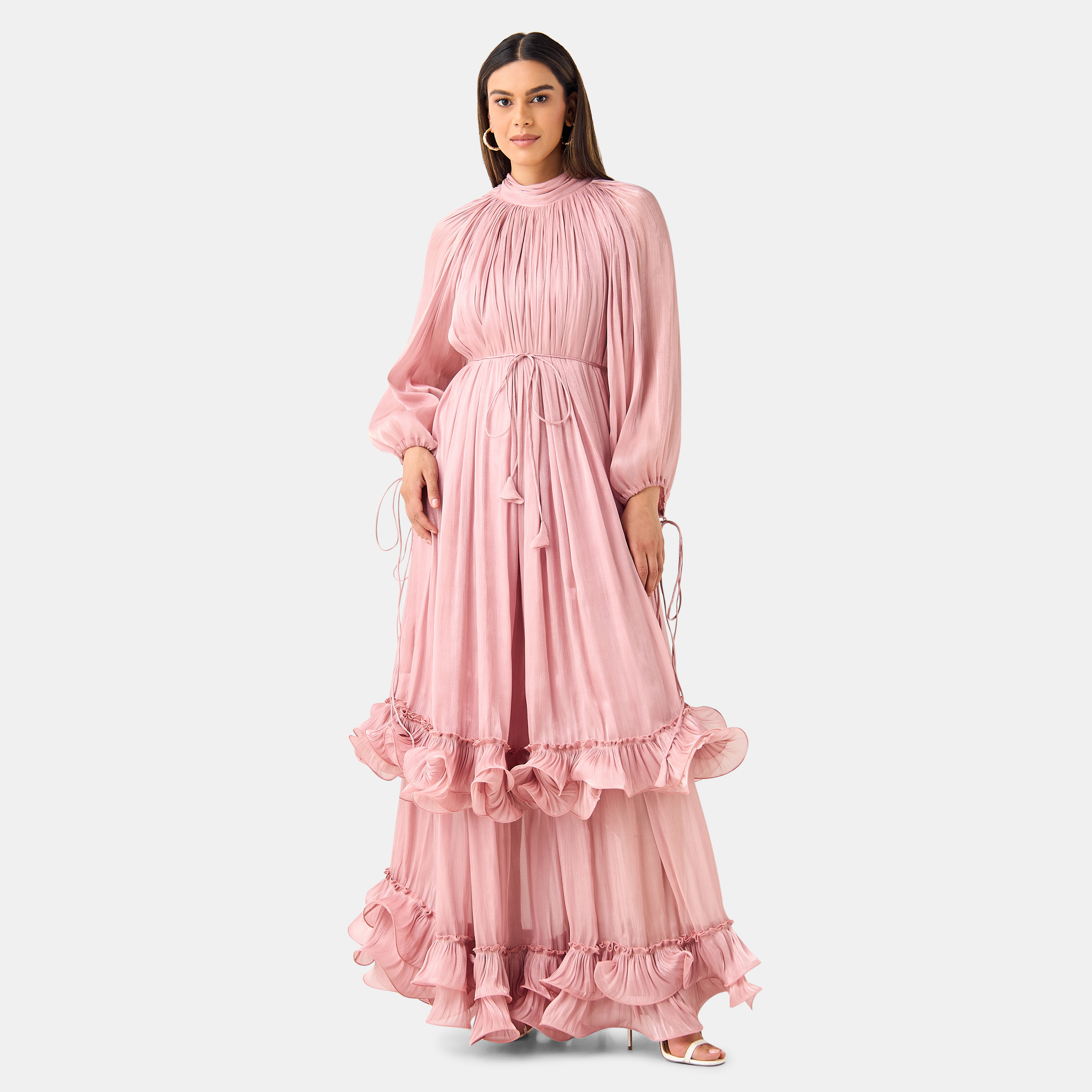 فستان بتفاصيل كشكش وياقة بفيونكة وأكمام منفوخة من جولدن آبل-women-clothing-dresses-image-7