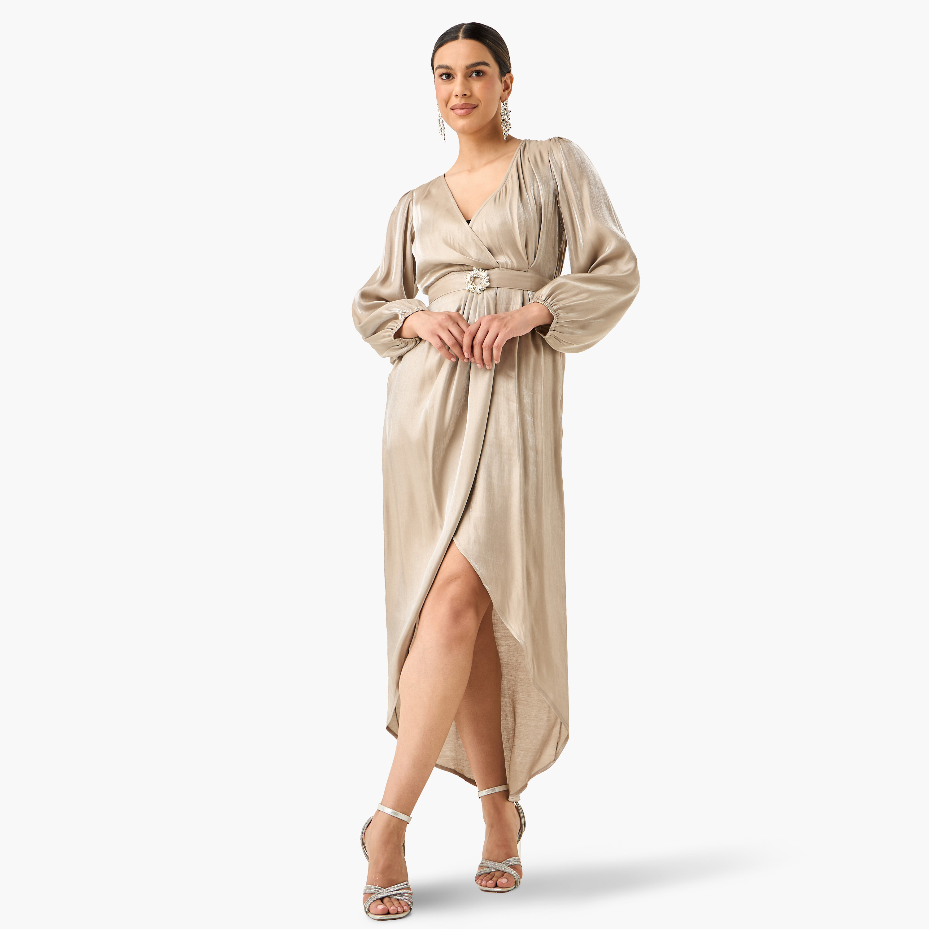 Golden Apple Solid Wrap Dress with V-neck and Tulip Hem-women-clothing-dresses-image-2