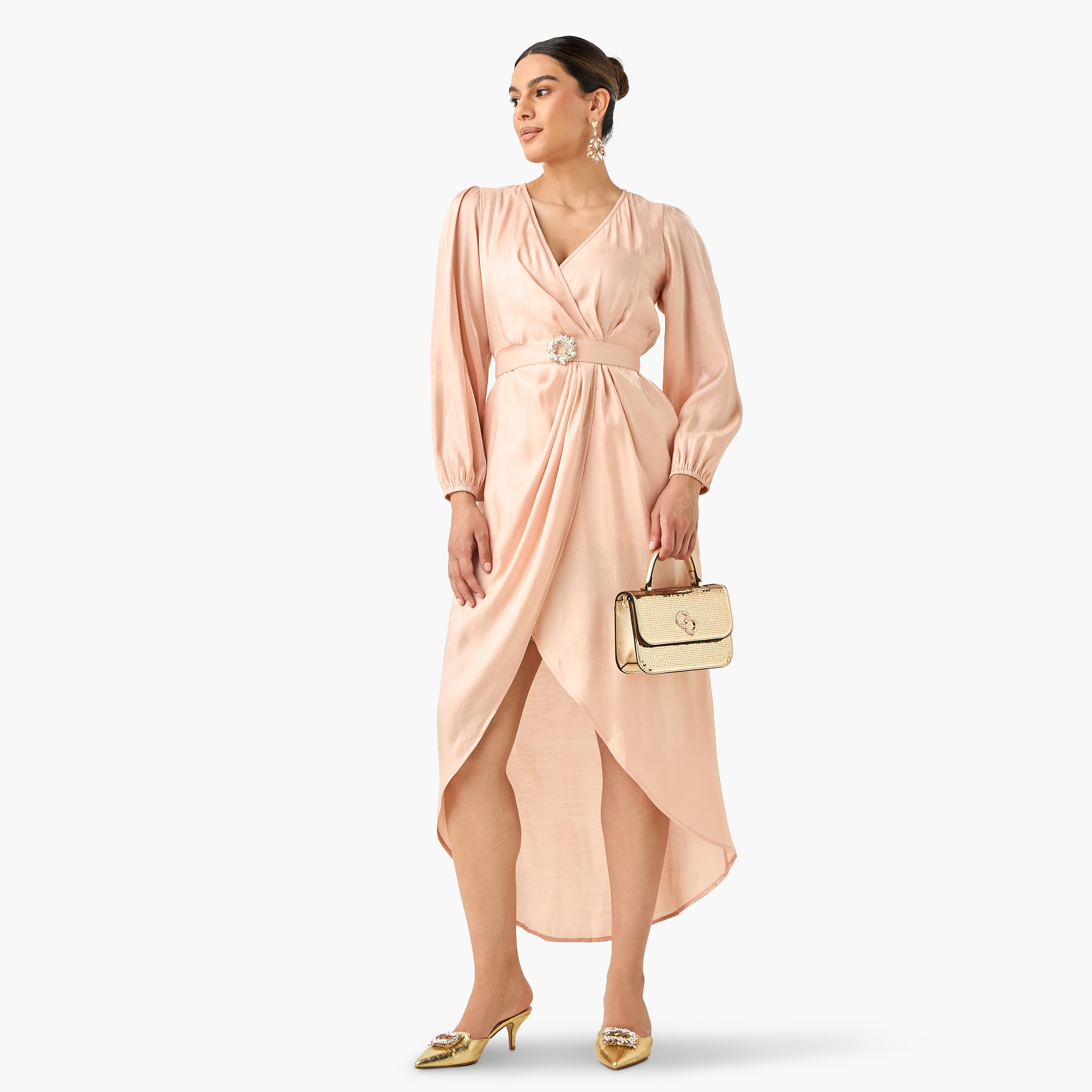 Golden Apple Solid Wrap Dress with V-neck and Tulip Hem-women-clothing-dresses-image-6