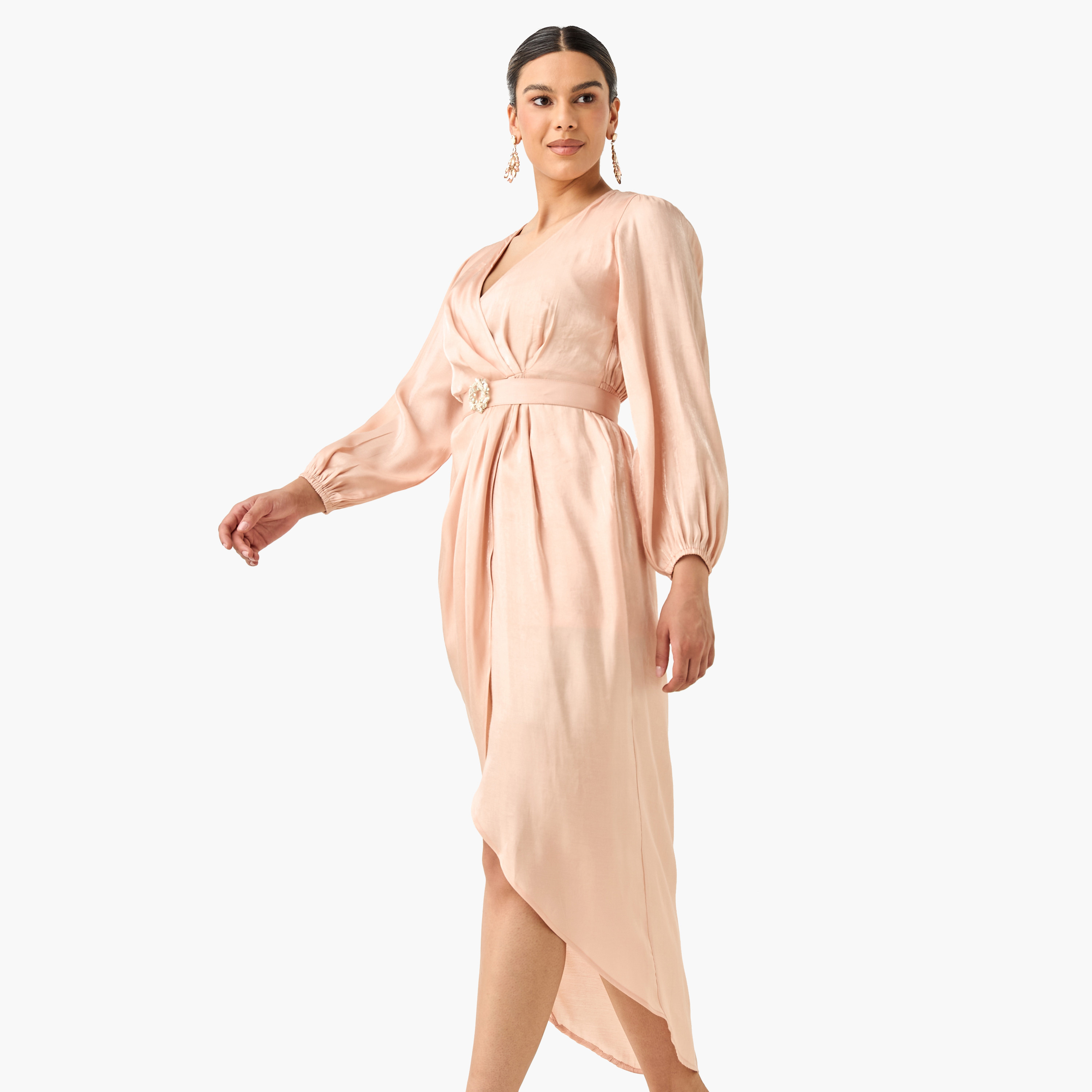 Golden Apple Solid Wrap Dress with V-neck and Tulip Hem-women-clothing-dresses-image-7