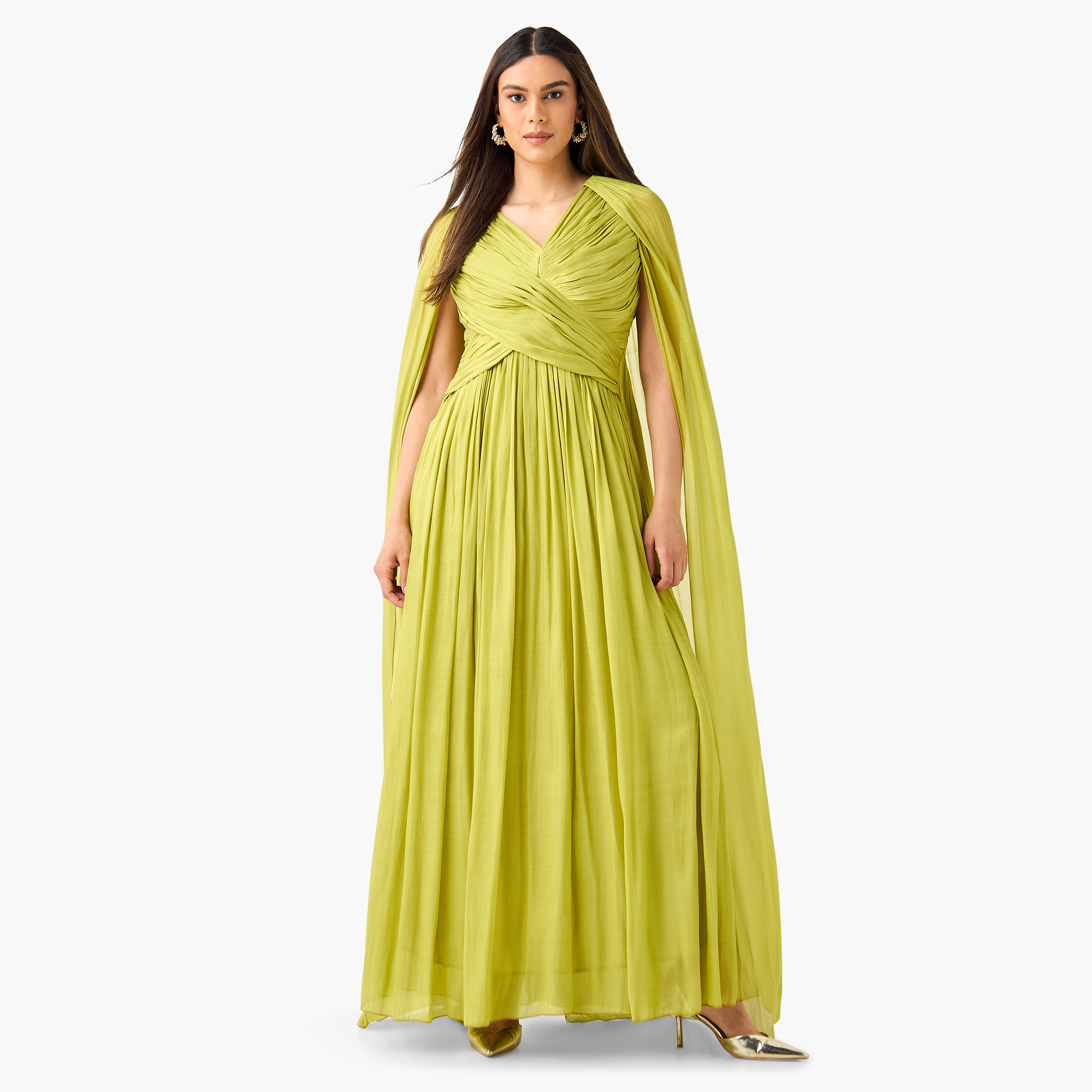 Golden Apple Pleated Detail V-neck Dress with Cape Sleeves-women-clothing-dresses-image-1