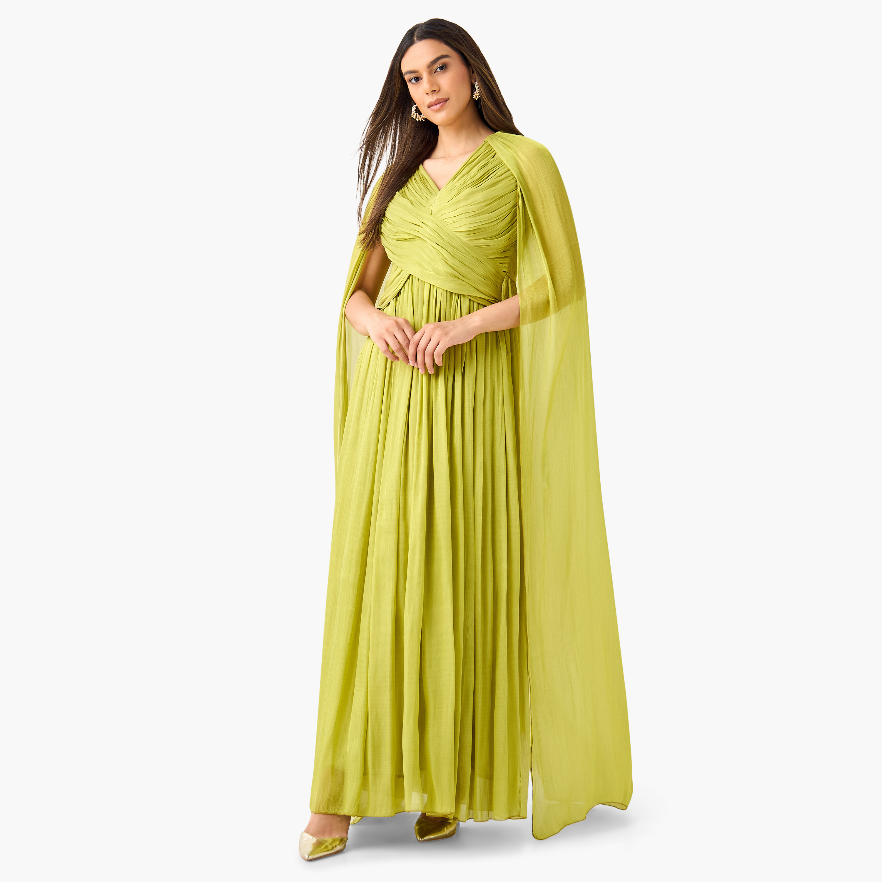 Golden Apple Pleated Detail V-neck Dress with Cape Sleeves-women-clothing-dresses-image-3