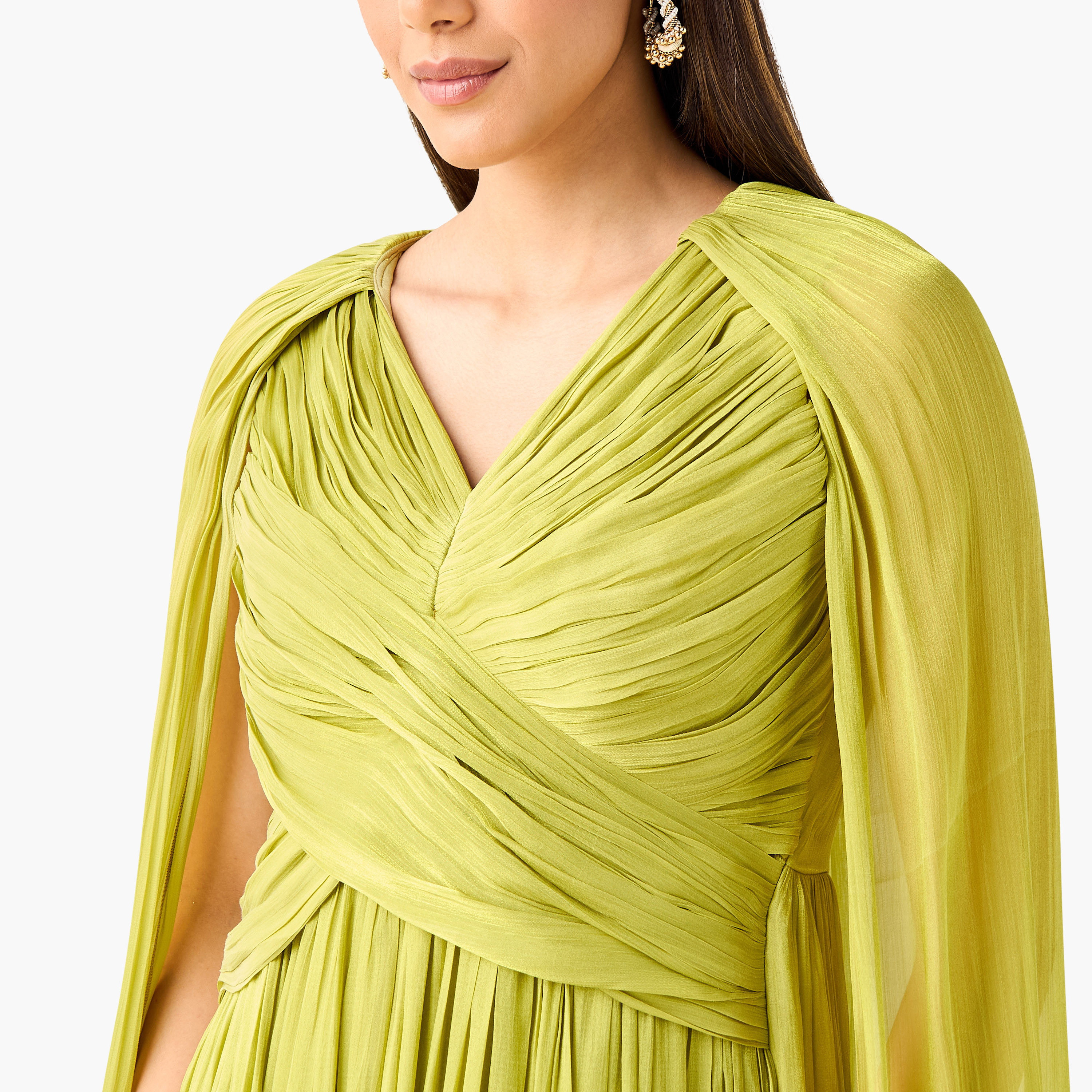 فستان بياقة V وأكمام كيب وفتحة وكسرات من جولدن آبل-women-clothing-dresses-image-4